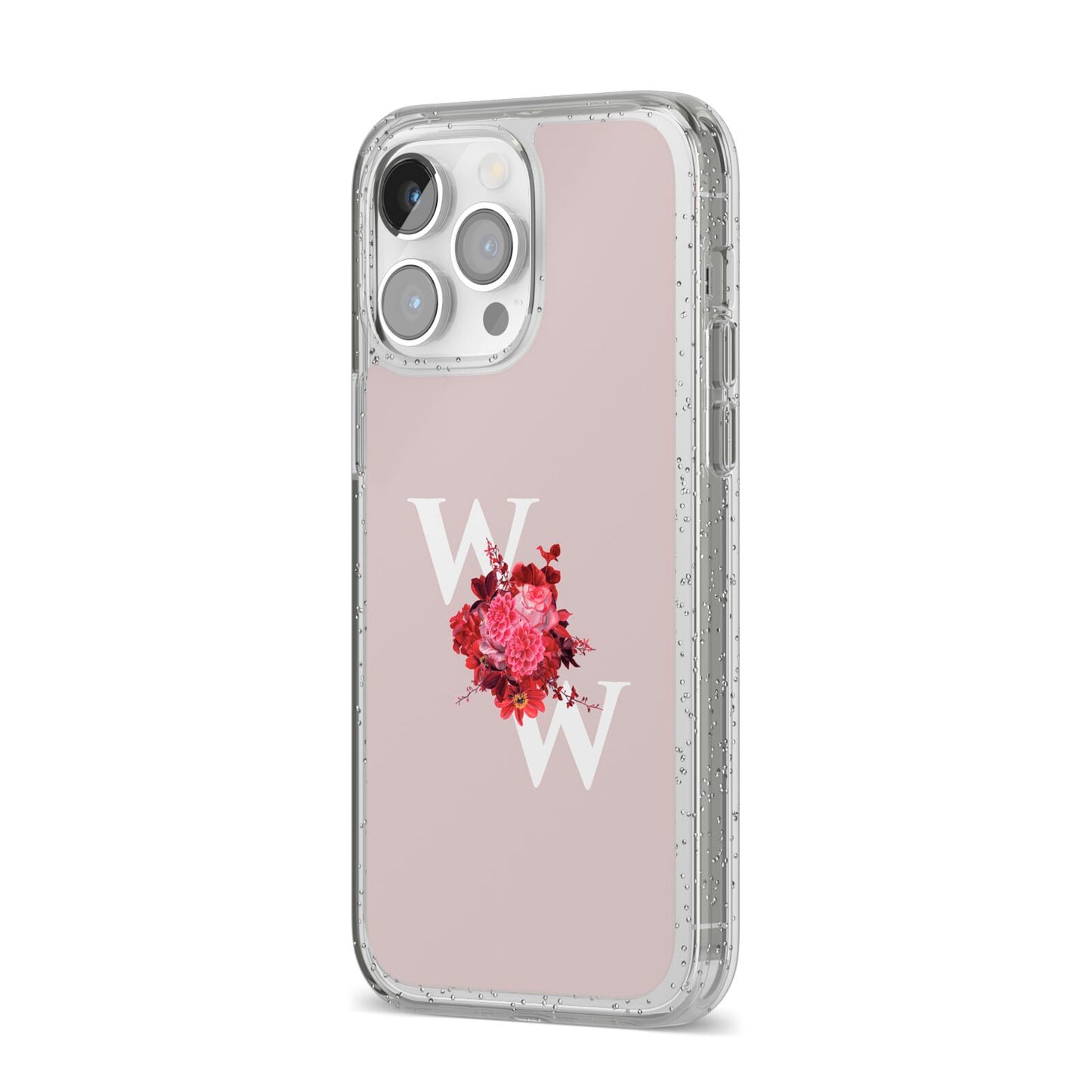 Custom Dual Initial Floral iPhone 14 Pro Max Glitter Tough Case Silver Angled Image