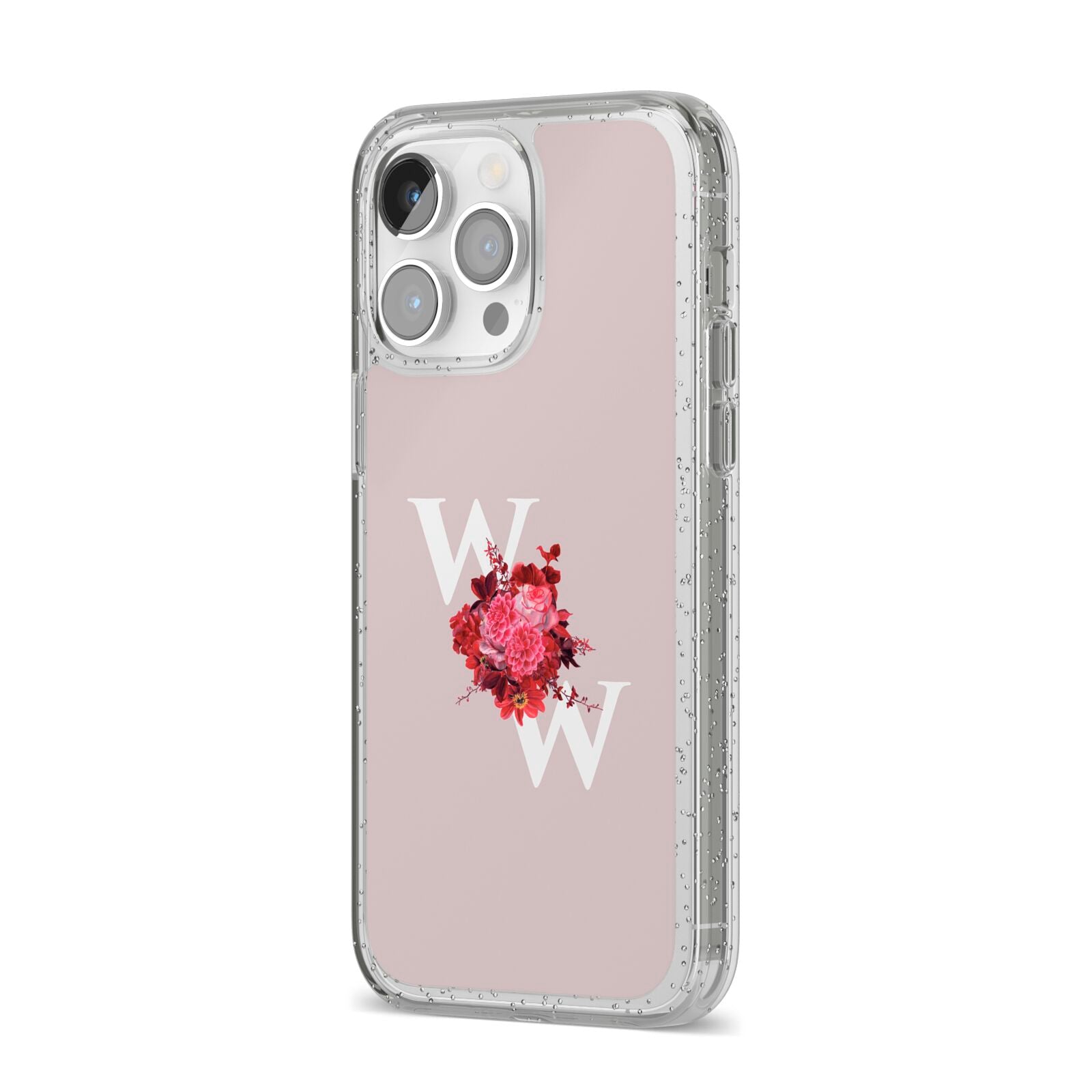 Custom Dual Initial Floral iPhone 14 Pro Max Glitter Tough Case Silver Angled Image