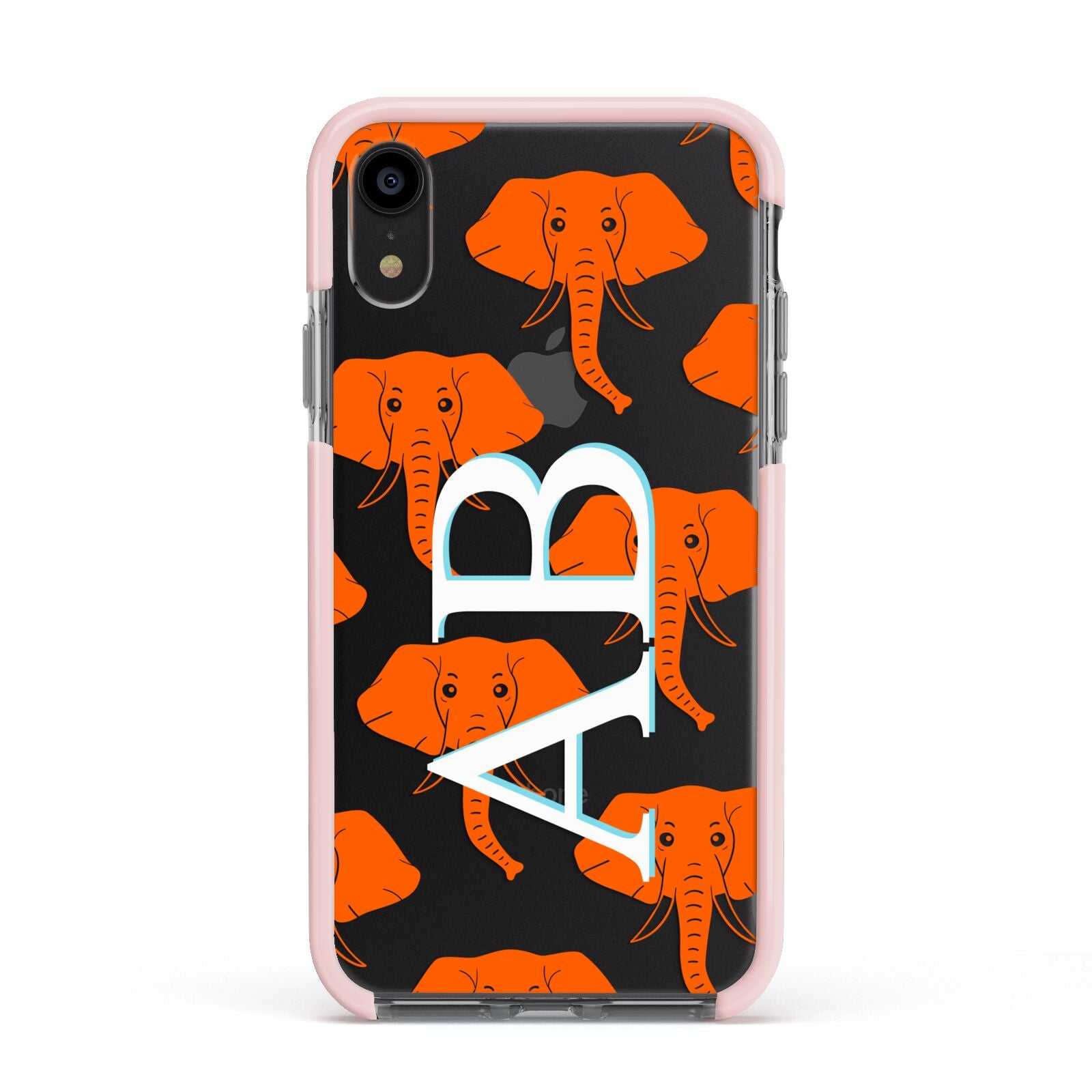 Custom Elephant Initials Apple iPhone XR Impact Case Pink Edge on Black Phone