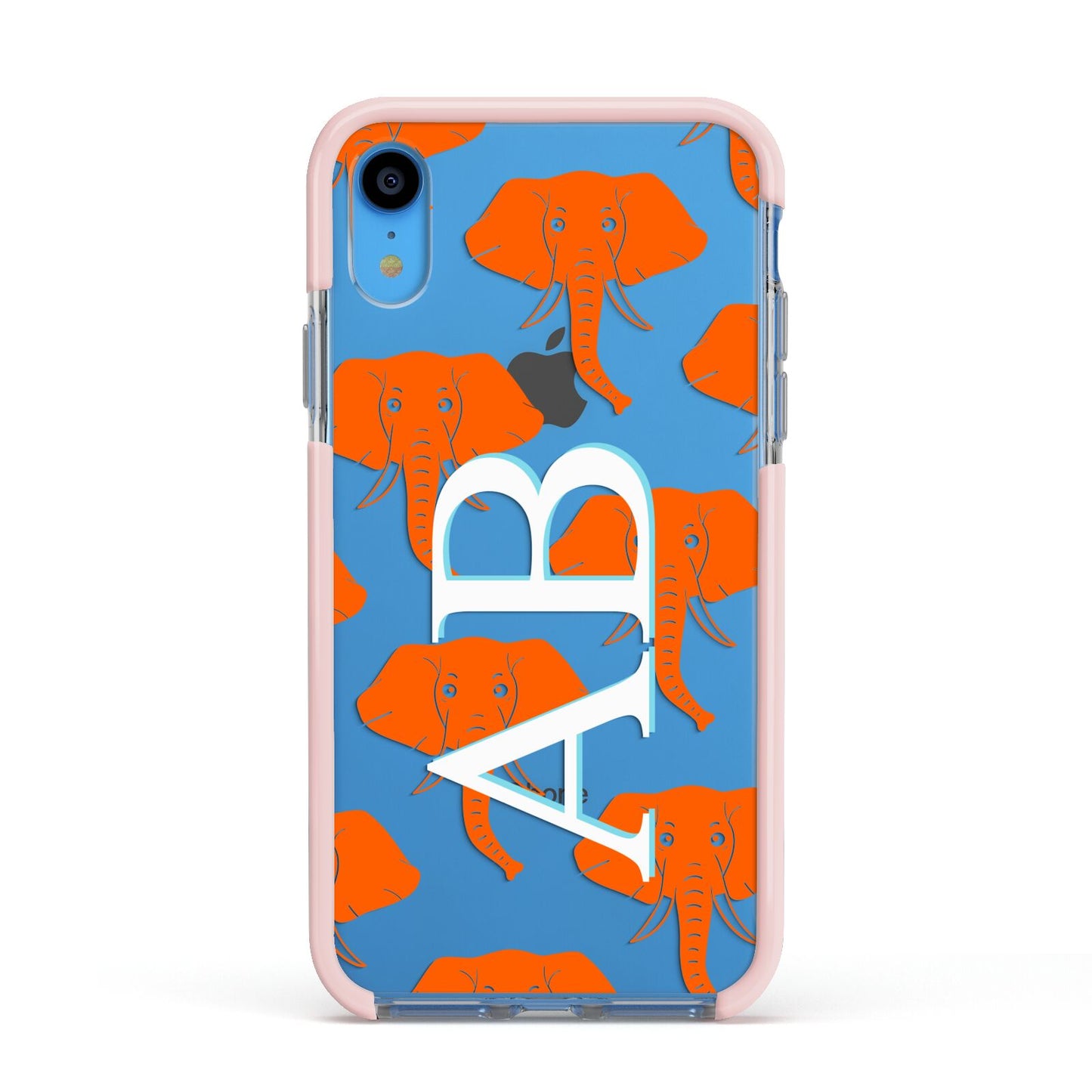 Custom Elephant Initials Apple iPhone XR Impact Case Pink Edge on Blue Phone