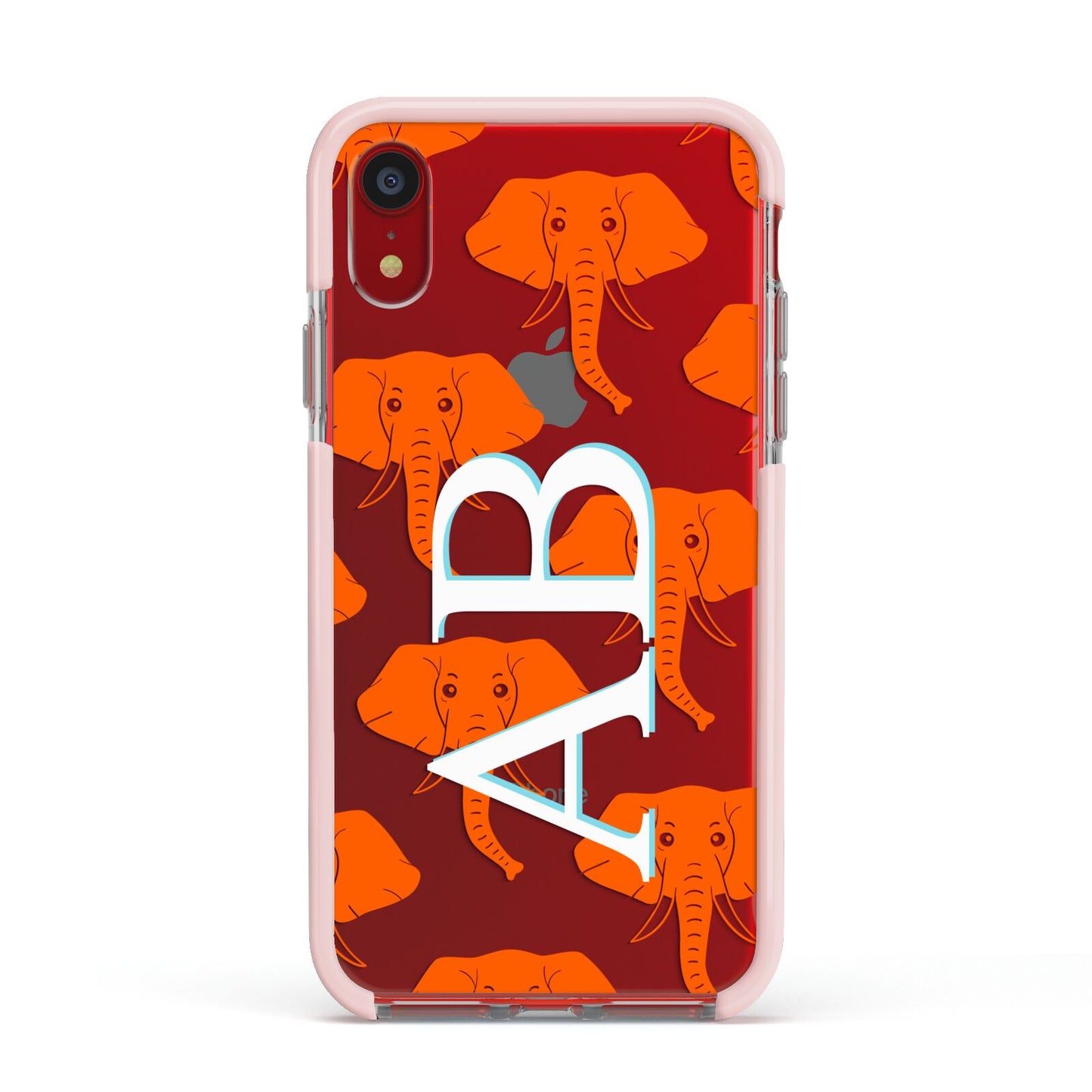 Custom Elephant Initials Apple iPhone XR Impact Case Pink Edge on Red Phone