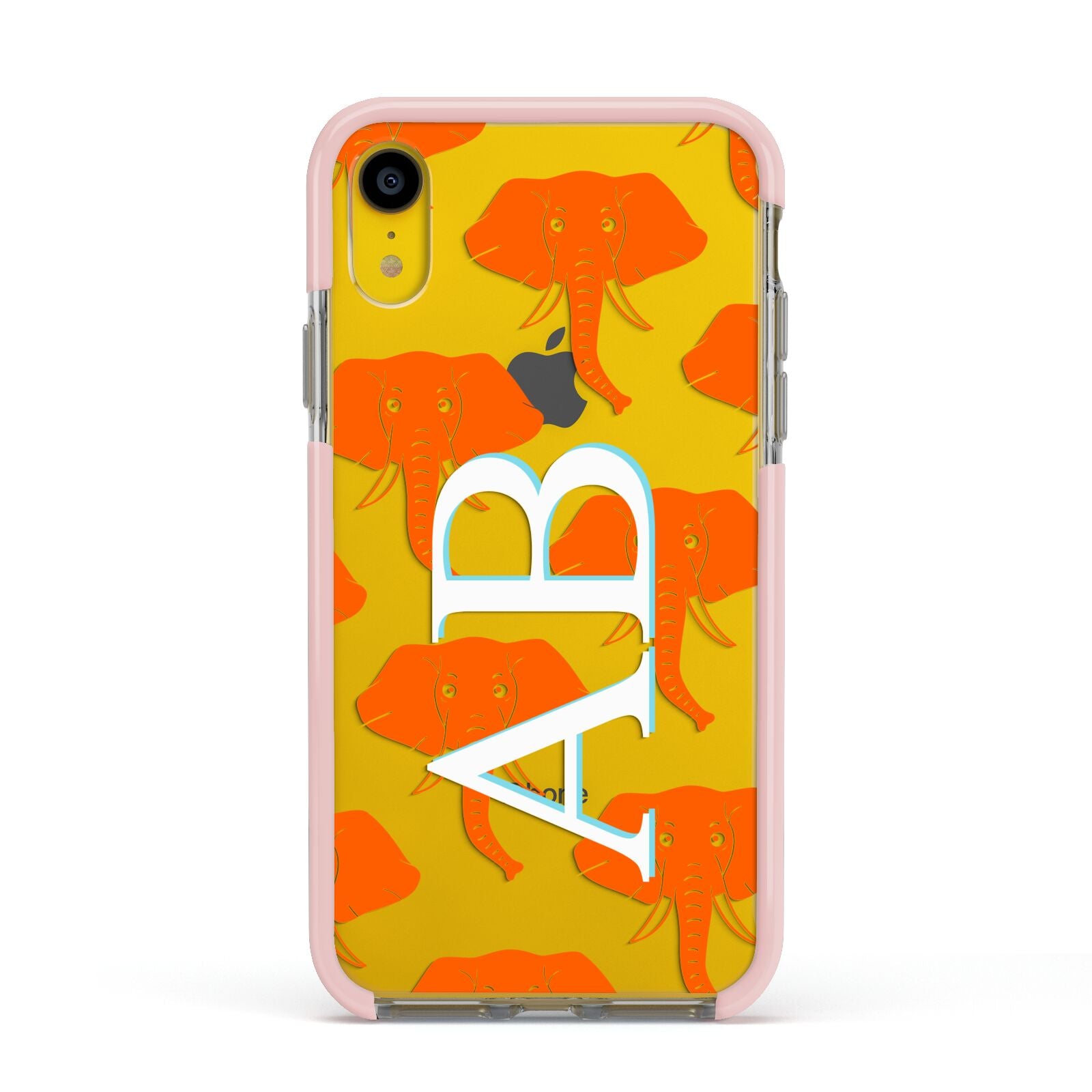 Custom Elephant Initials Apple iPhone XR Impact Case Pink Edge on Yellow Phone