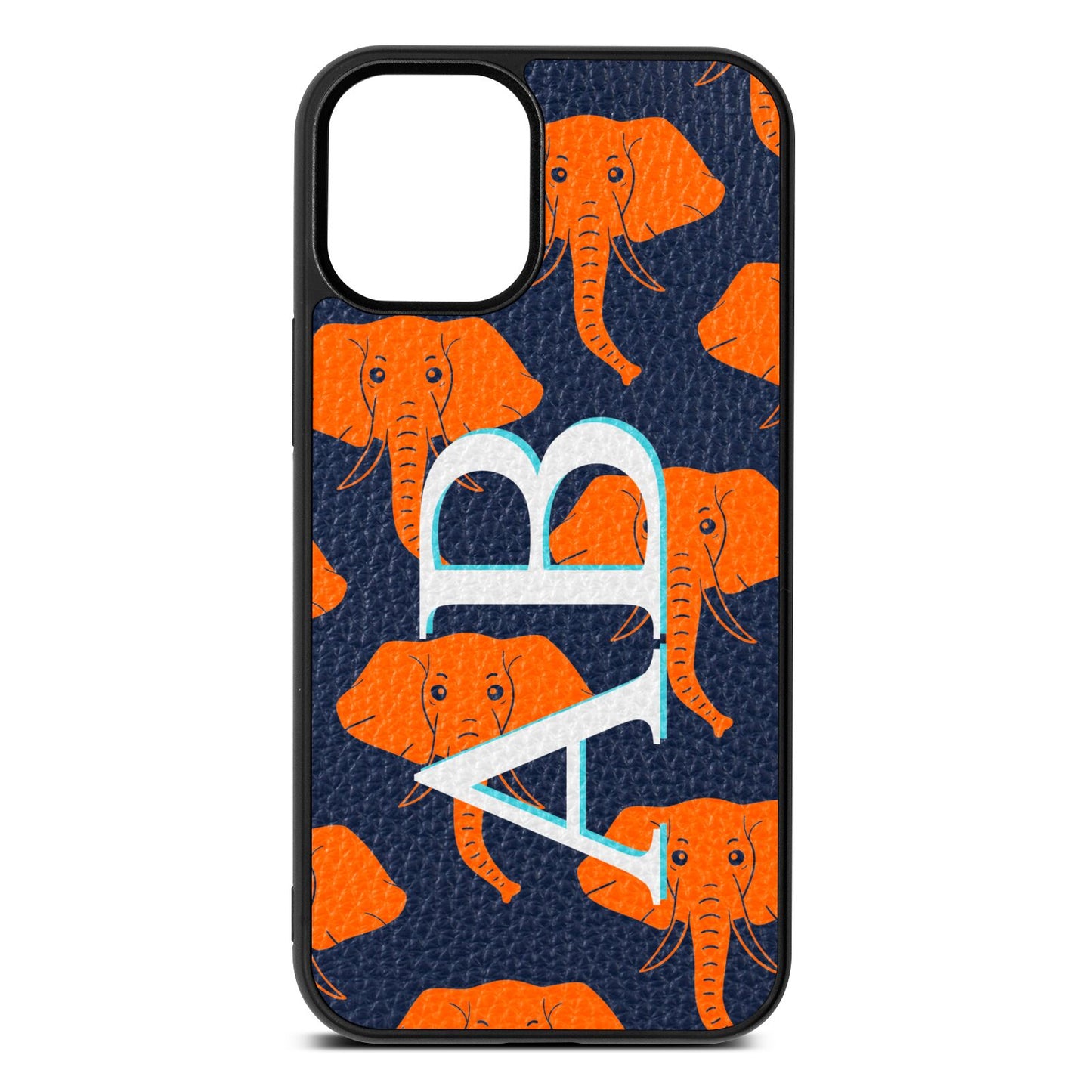 Custom Elephant Initials Navy Blue Pebble Leather iPhone 12 Mini Case