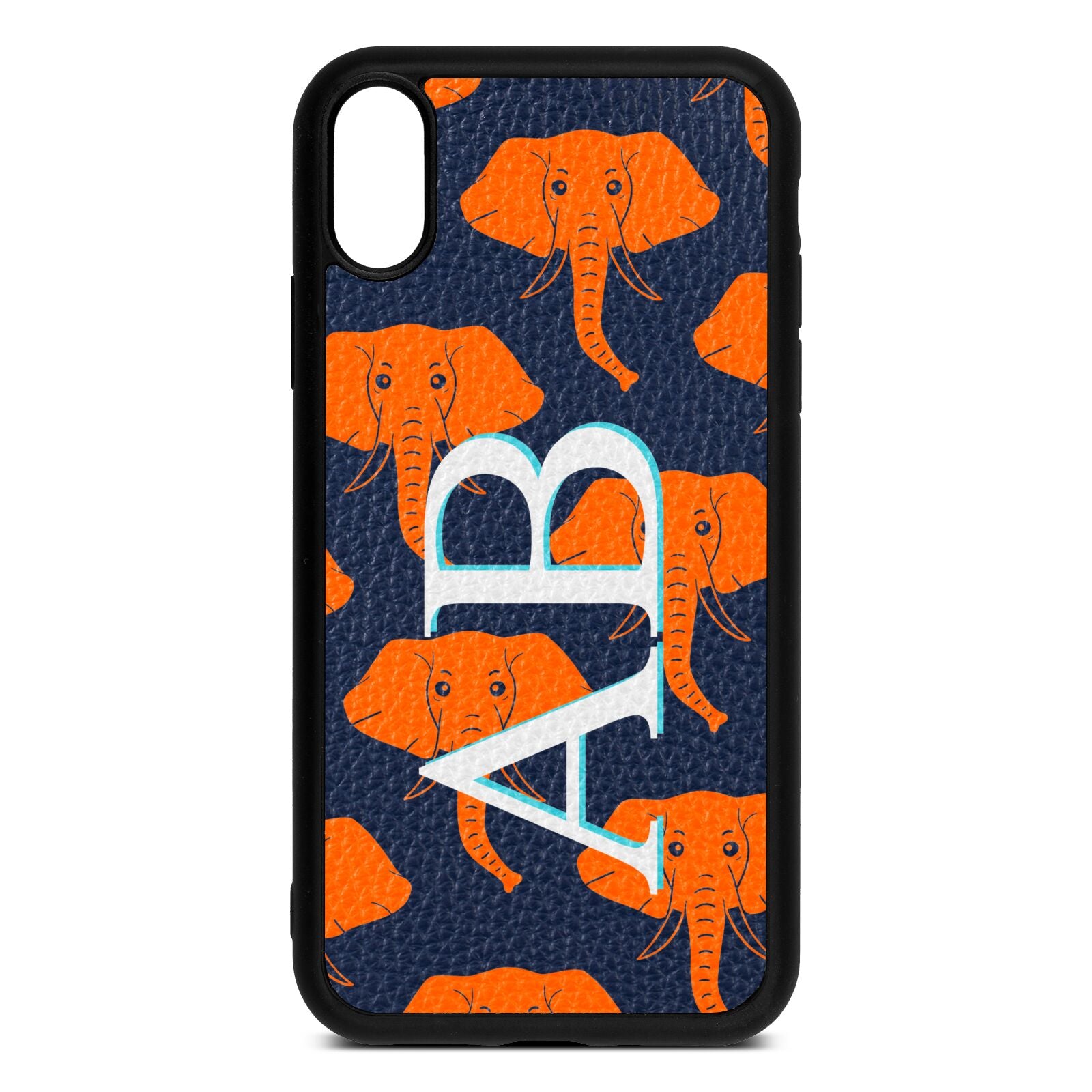 Custom Elephant Initials Navy Blue Pebble Leather iPhone Xr Case