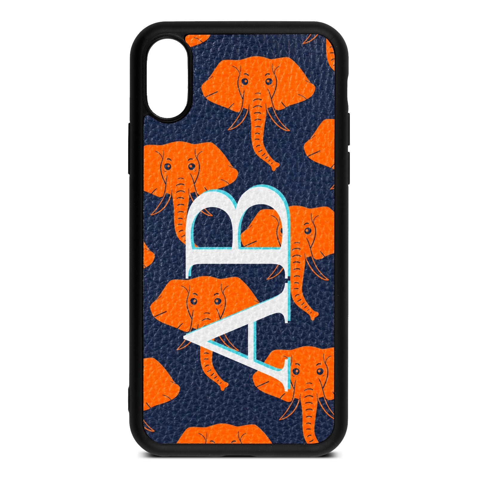 Custom Elephant Initials Navy Blue Pebble Leather iPhone Xs Case