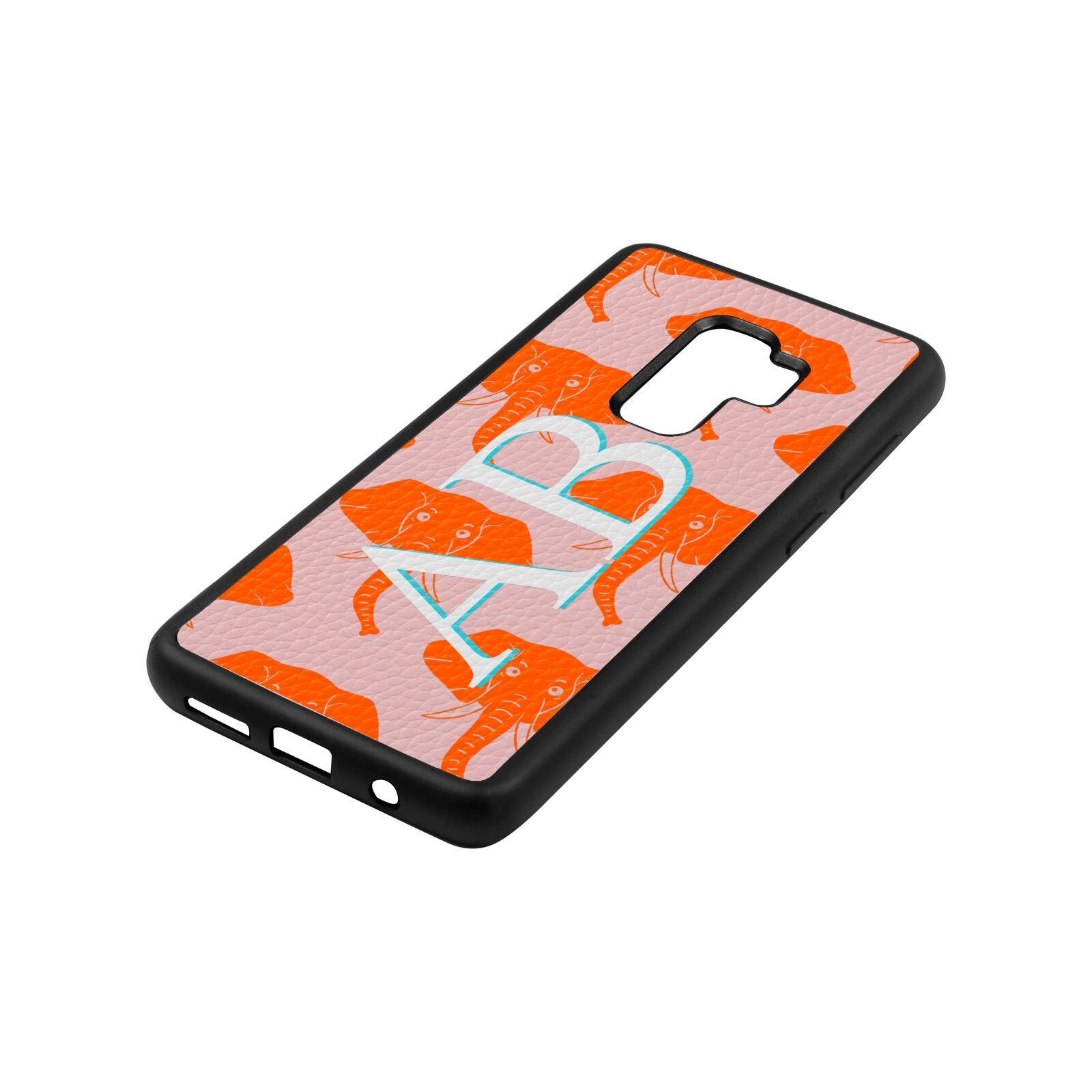 Custom Elephant Initials Pink Pebble Leather Samsung S9 Plus Case Side Angle
