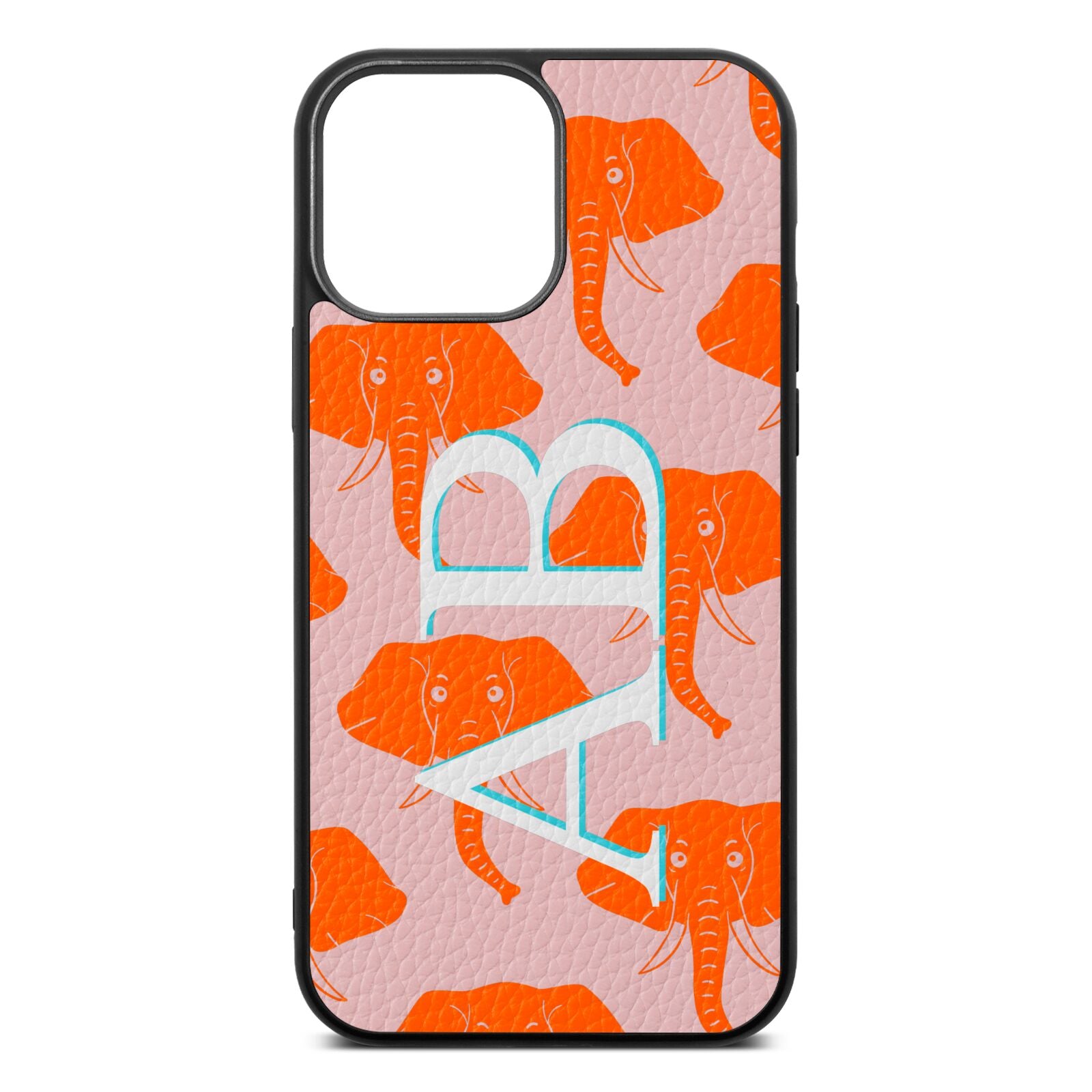 Custom Elephant Initials Pink Pebble Leather iPhone 13 Pro Max Case