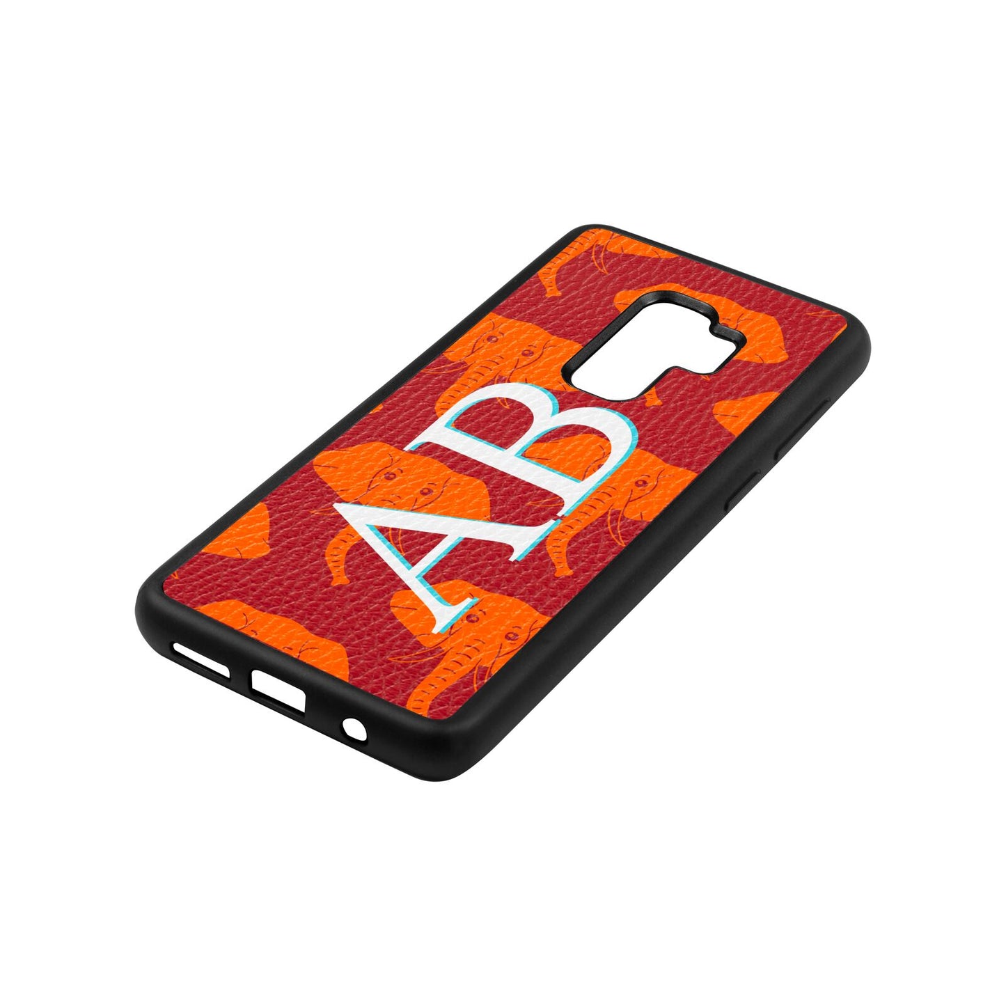 Custom Elephant Initials Red Pebble Leather Samsung S9 Plus Case Side Angle