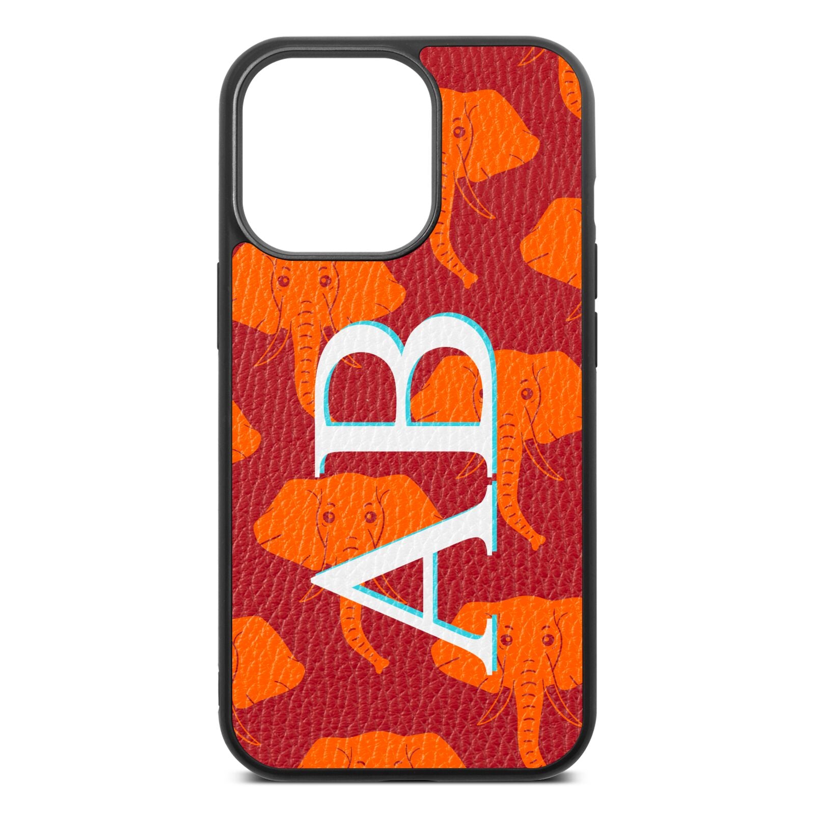 Custom Elephant Initials Red Pebble Leather iPhone 13 Pro Case