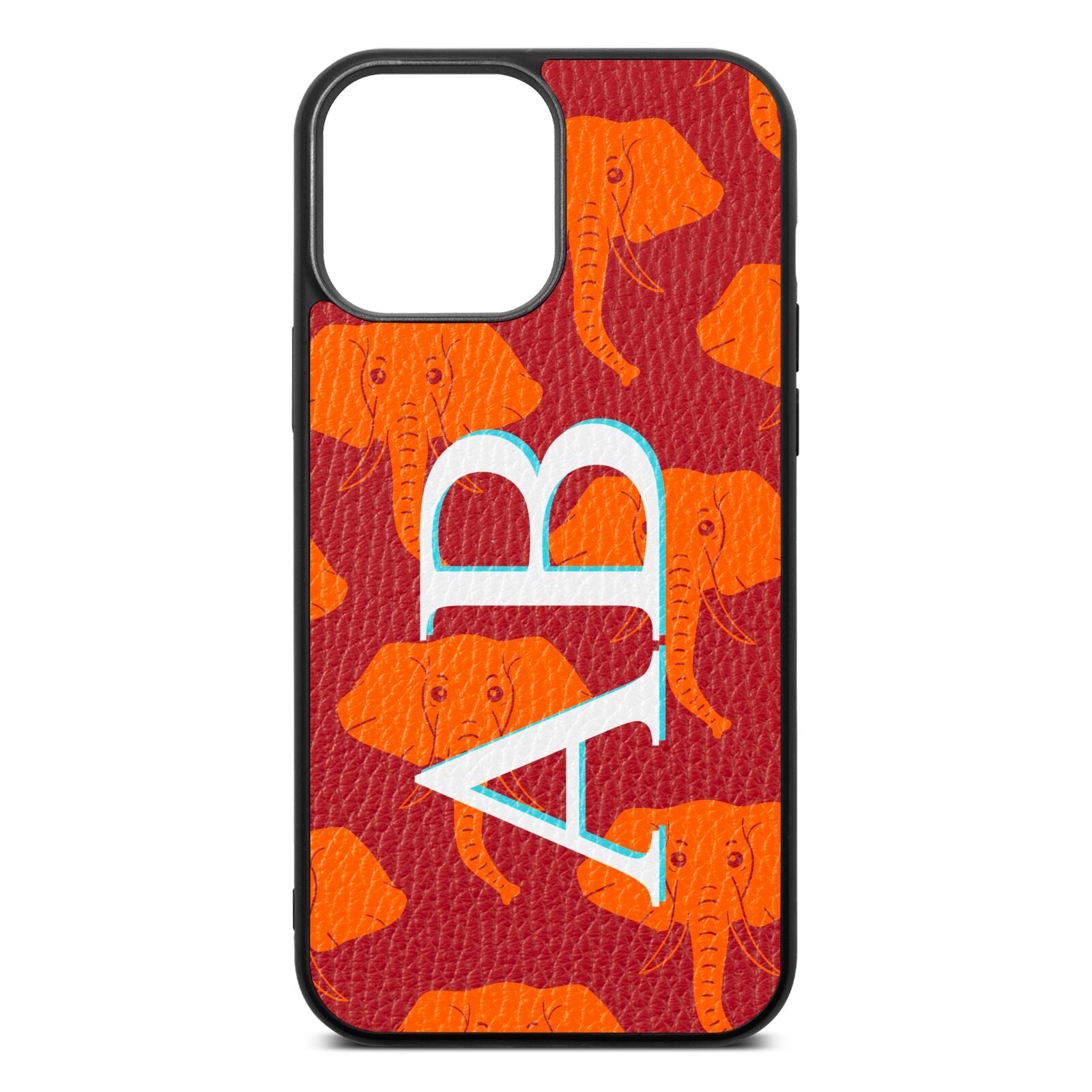 Custom Elephant Initials Red Pebble Leather iPhone 13 Pro Max Case