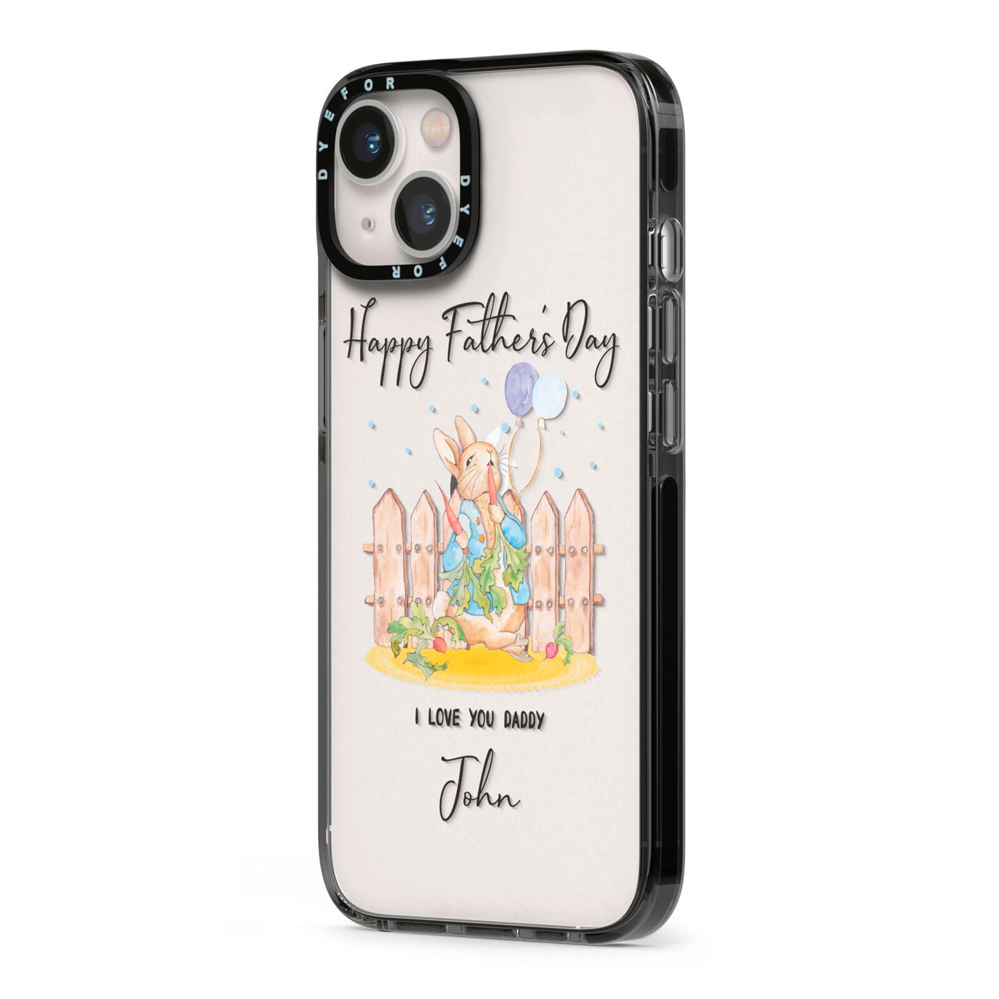 Custom Father s Day Rabbit iPhone 13 Black Impact Case Side Angle on Silver phone