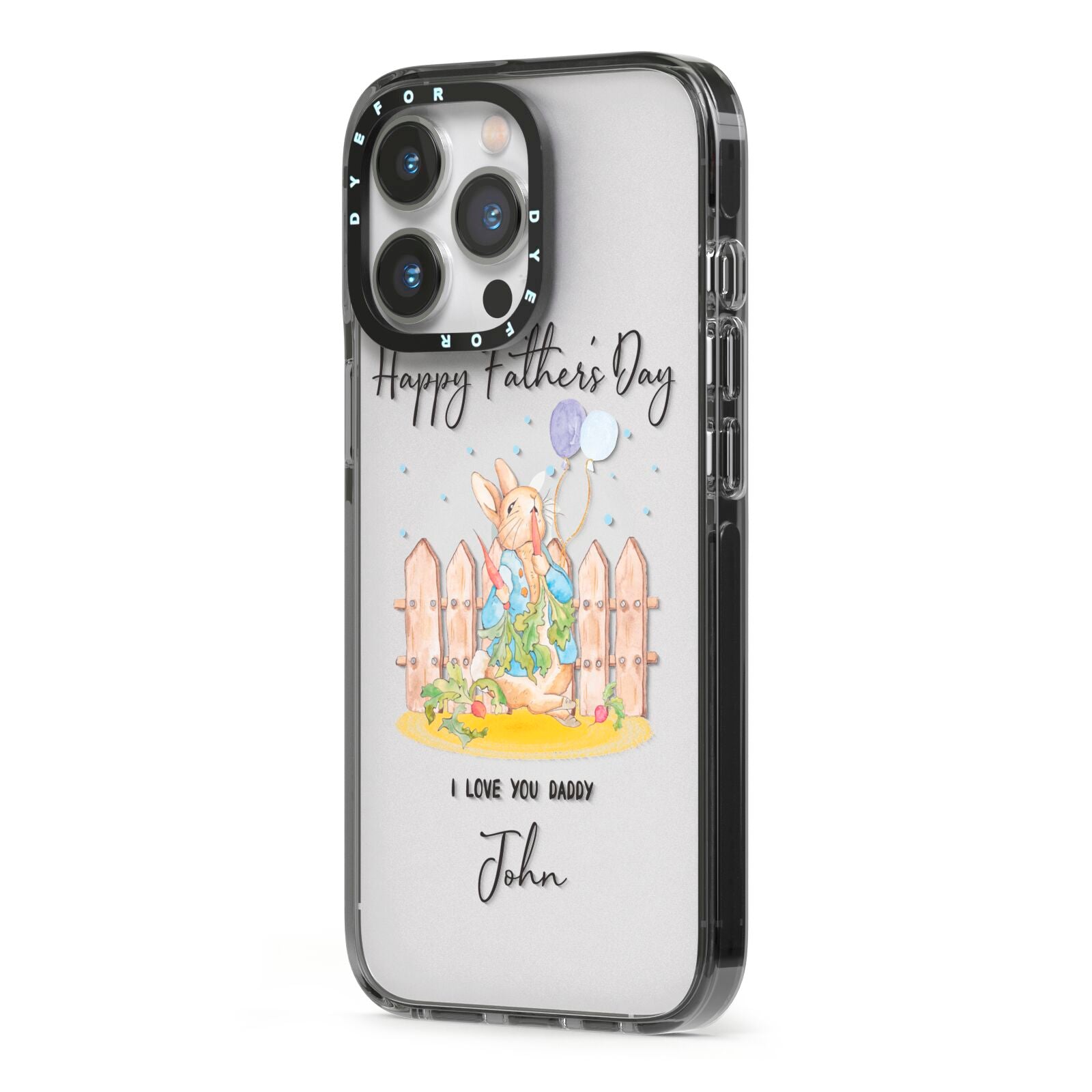 Custom Father s Day Rabbit iPhone 13 Pro Black Impact Case Side Angle on Silver phone