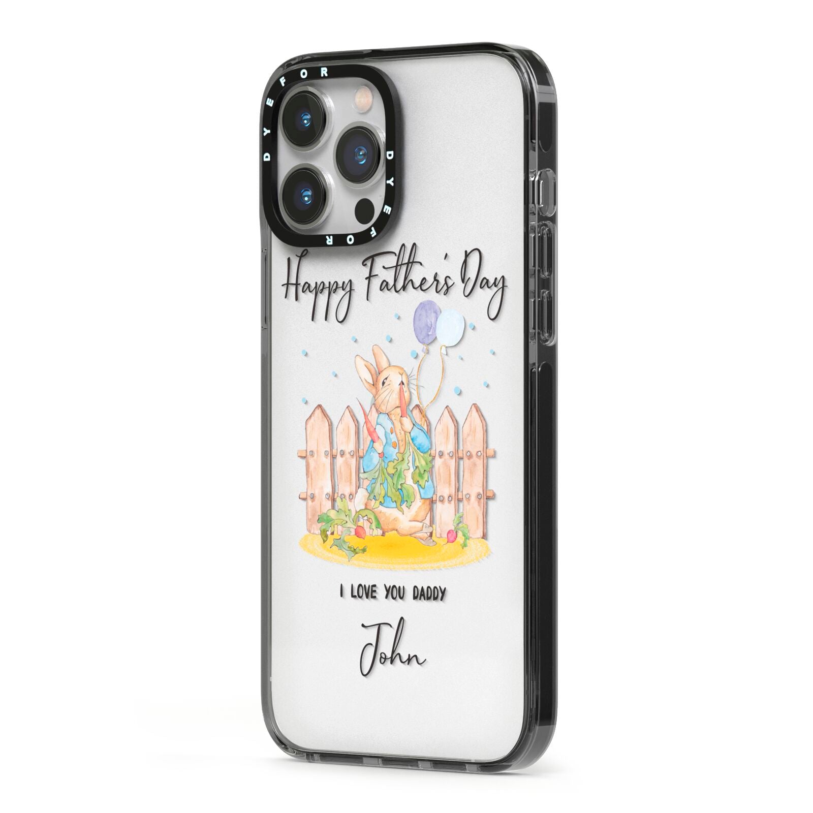 Custom Father s Day Rabbit iPhone 13 Pro Max Black Impact Case Side Angle on Silver phone