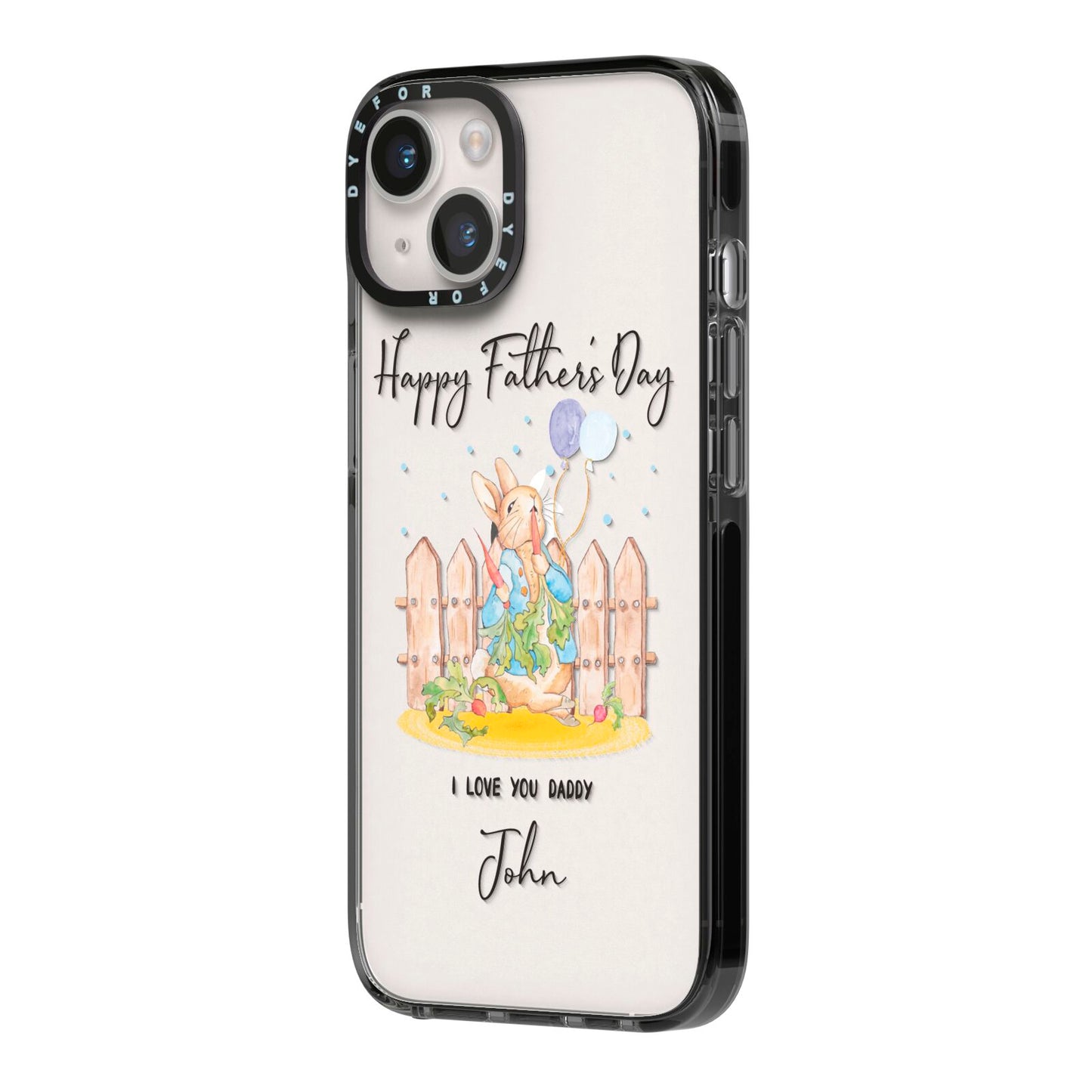 Custom Father s Day Rabbit iPhone 14 Black Impact Case Side Angle on Silver phone