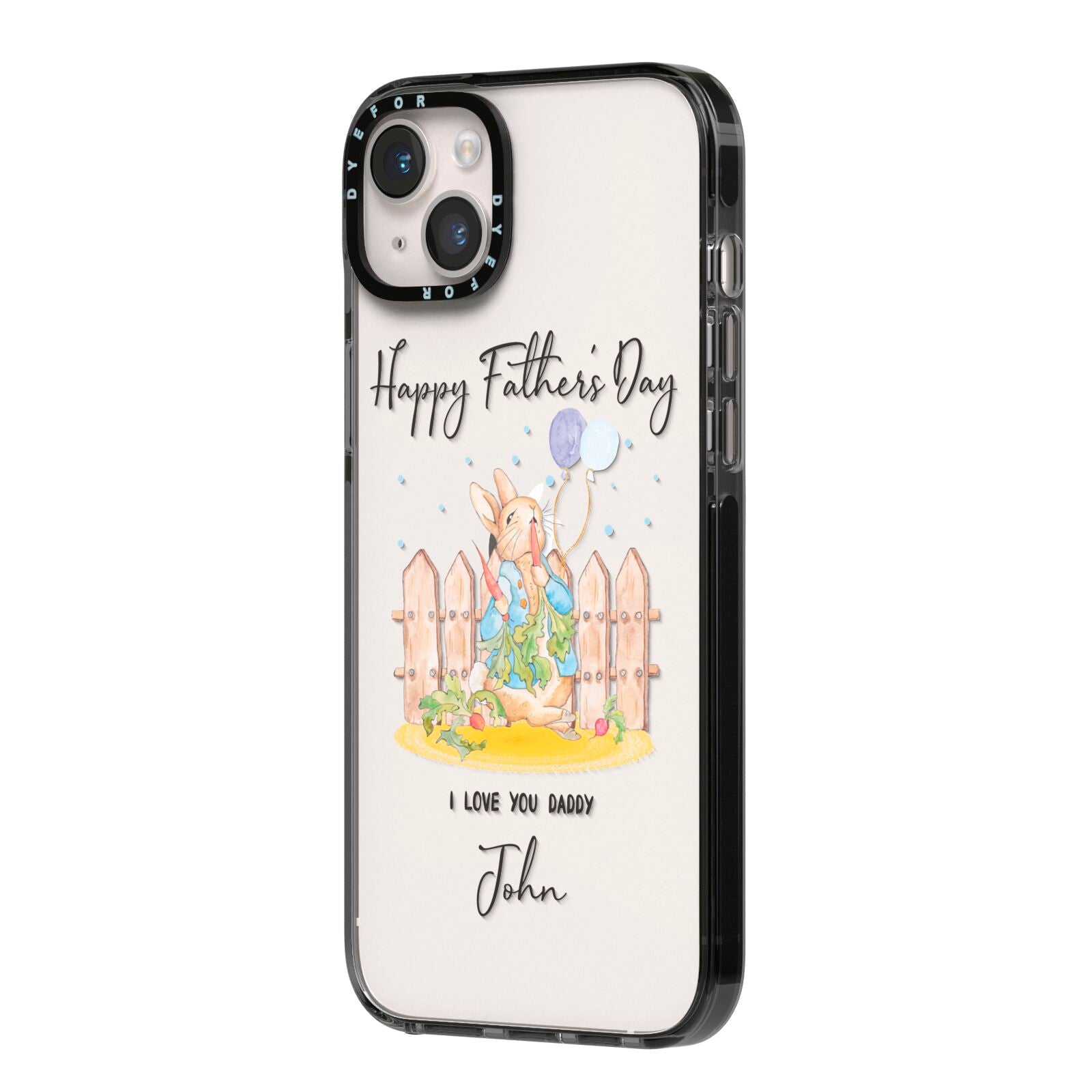 Custom Father s Day Rabbit iPhone 14 Plus Black Impact Case Side Angle on Silver phone