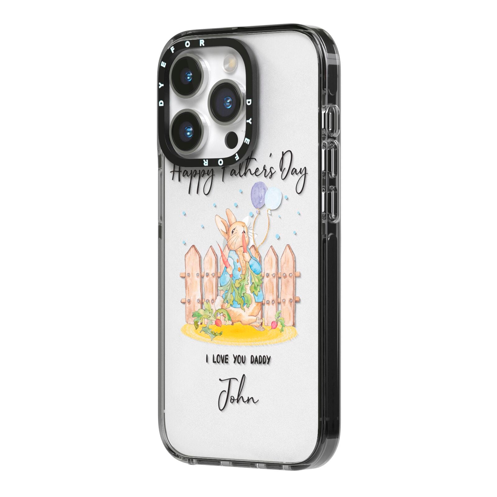 Custom Father s Day Rabbit iPhone 14 Pro Black Impact Case Side Angle on Silver phone