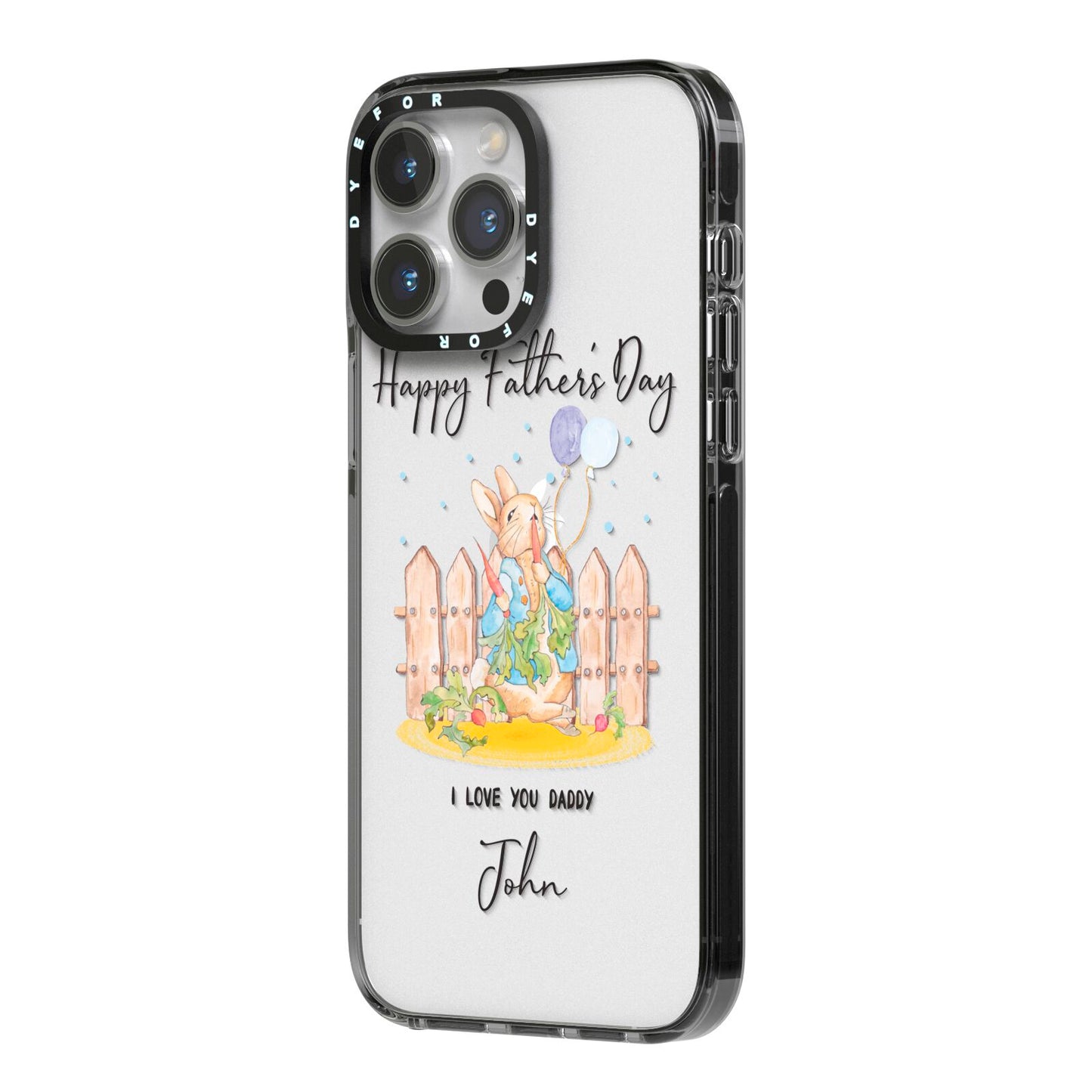 Custom Father s Day Rabbit iPhone 14 Pro Max Black Impact Case Side Angle on Silver phone
