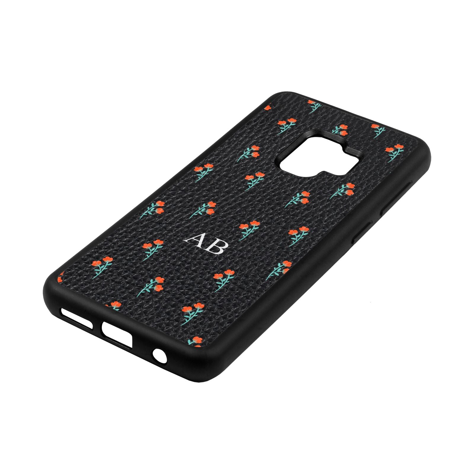 Custom Floral Black Pebble Leather Samsung S9 Case Side Angle