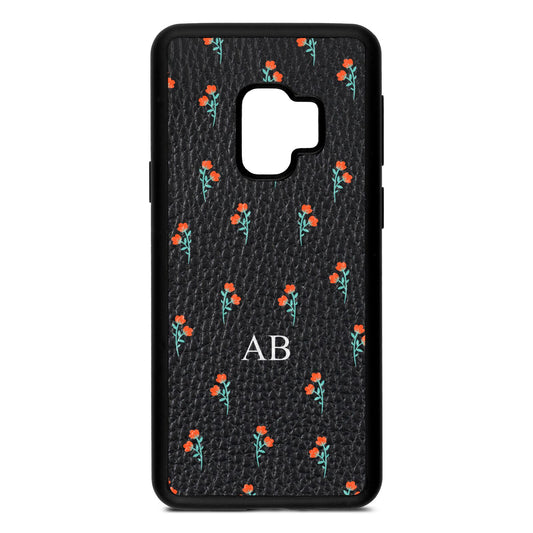 Custom Floral Black Pebble Leather Samsung S9 Case