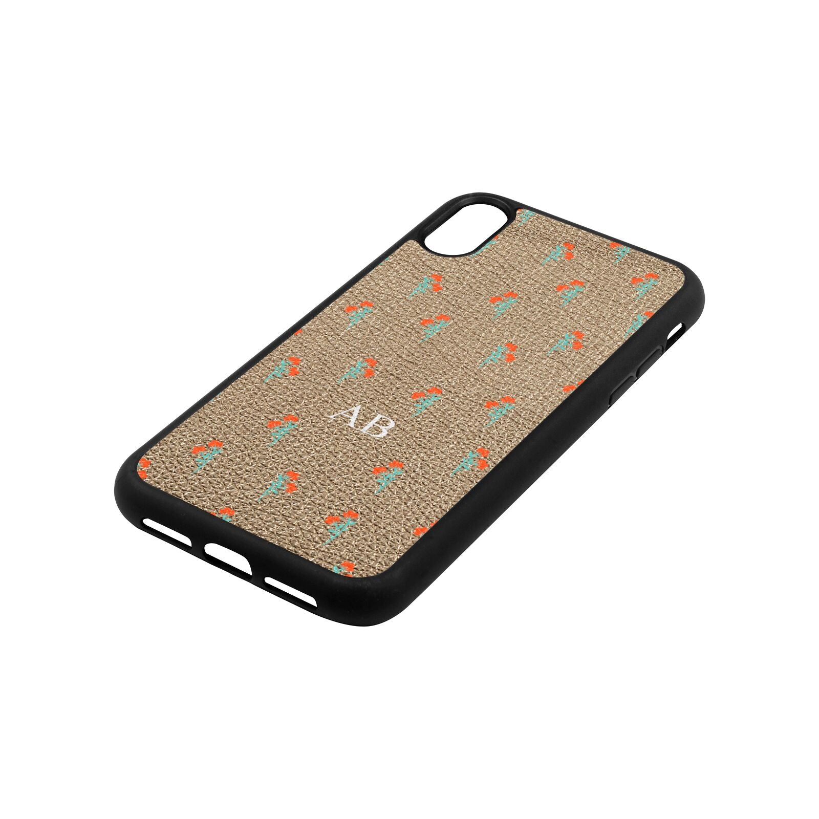 Custom Floral Gold Pebble Leather iPhone Xr Case Side Angle