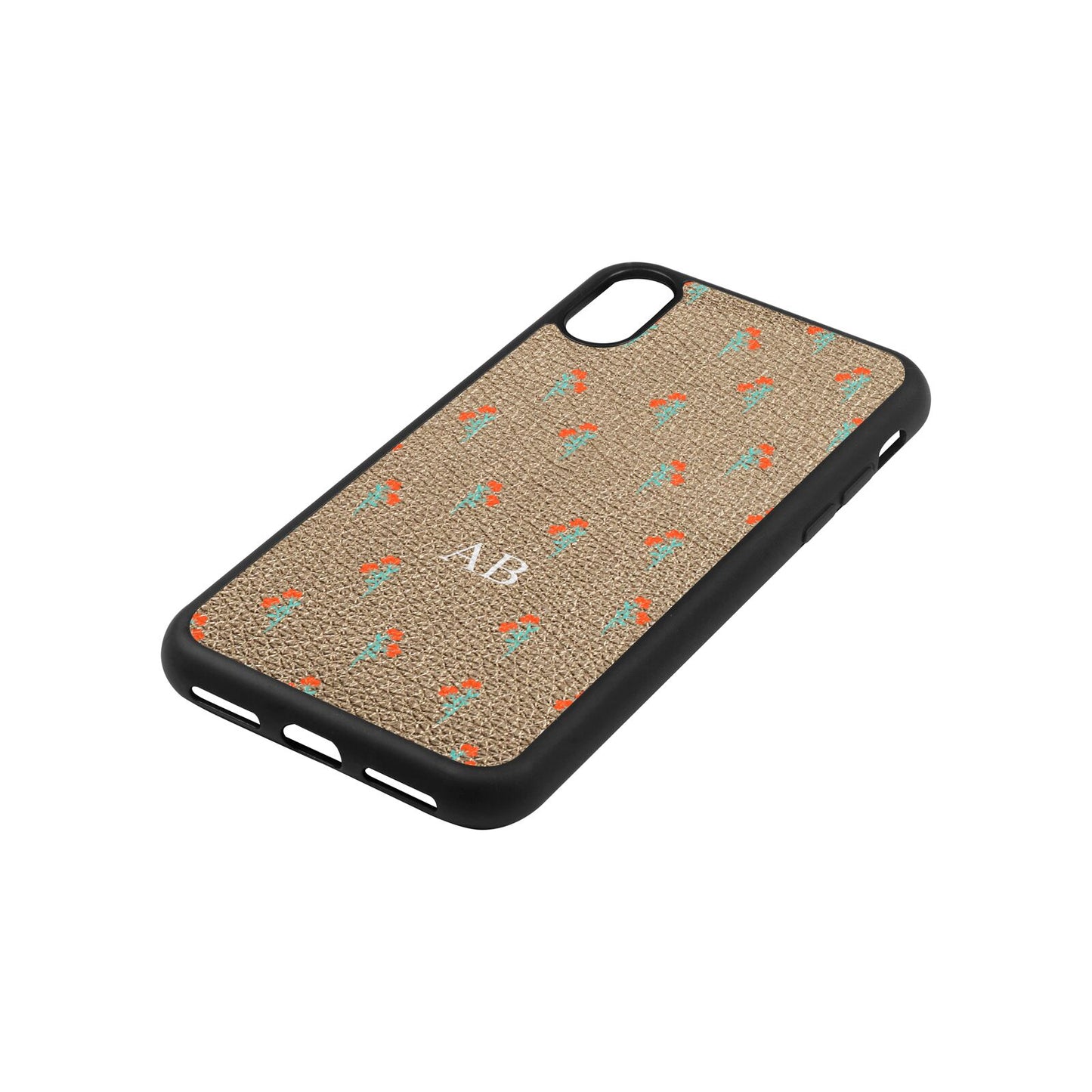 Custom Floral Gold Pebble Leather iPhone Xs Case Side Angle