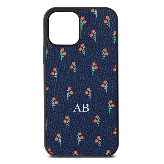 Custom Floral Navy Blue Pebble Leather iPhone 12 Case