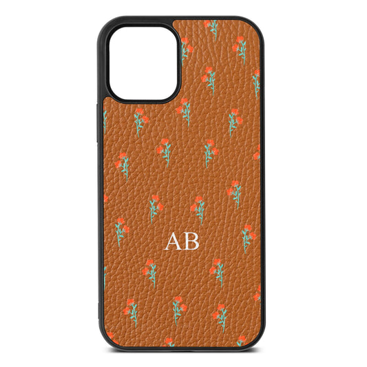 Custom Floral Tan Pebble Leather iPhone 12 Case