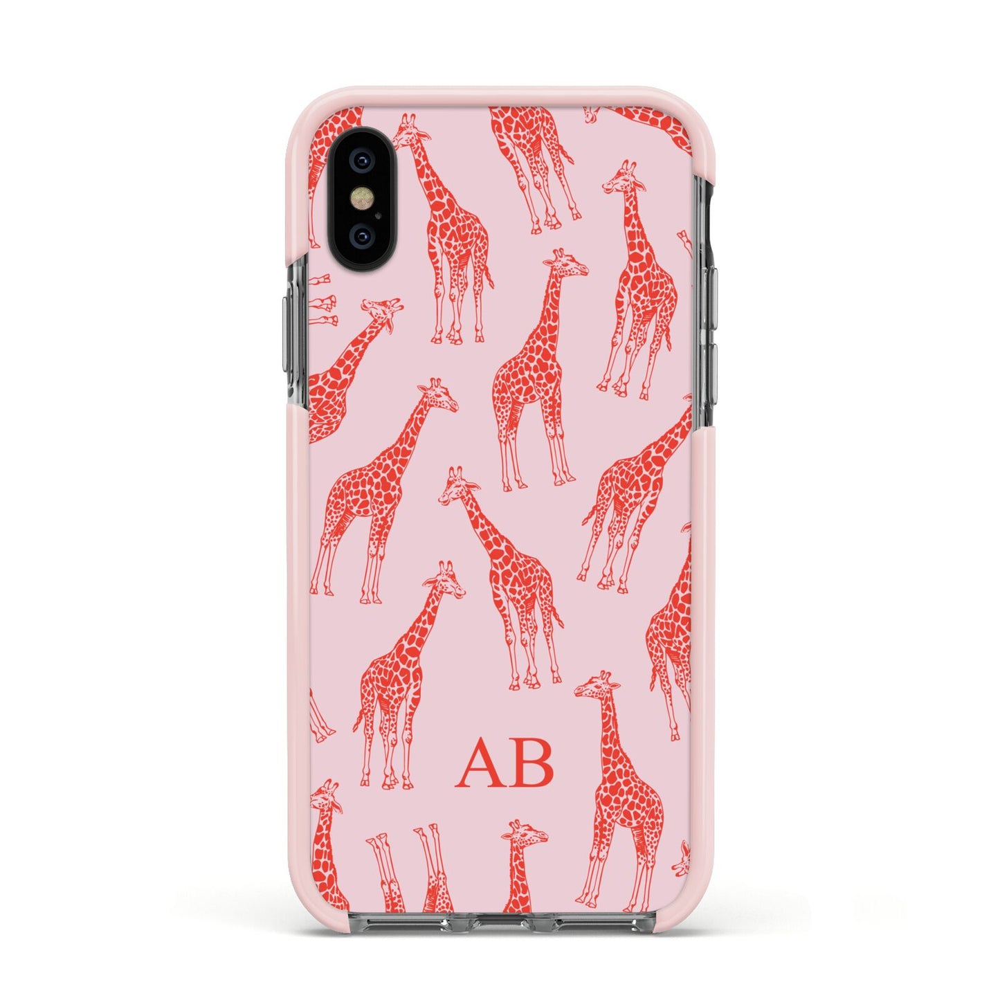 Custom Giraffe Apple iPhone Xs Impact Case Pink Edge on Black Phone