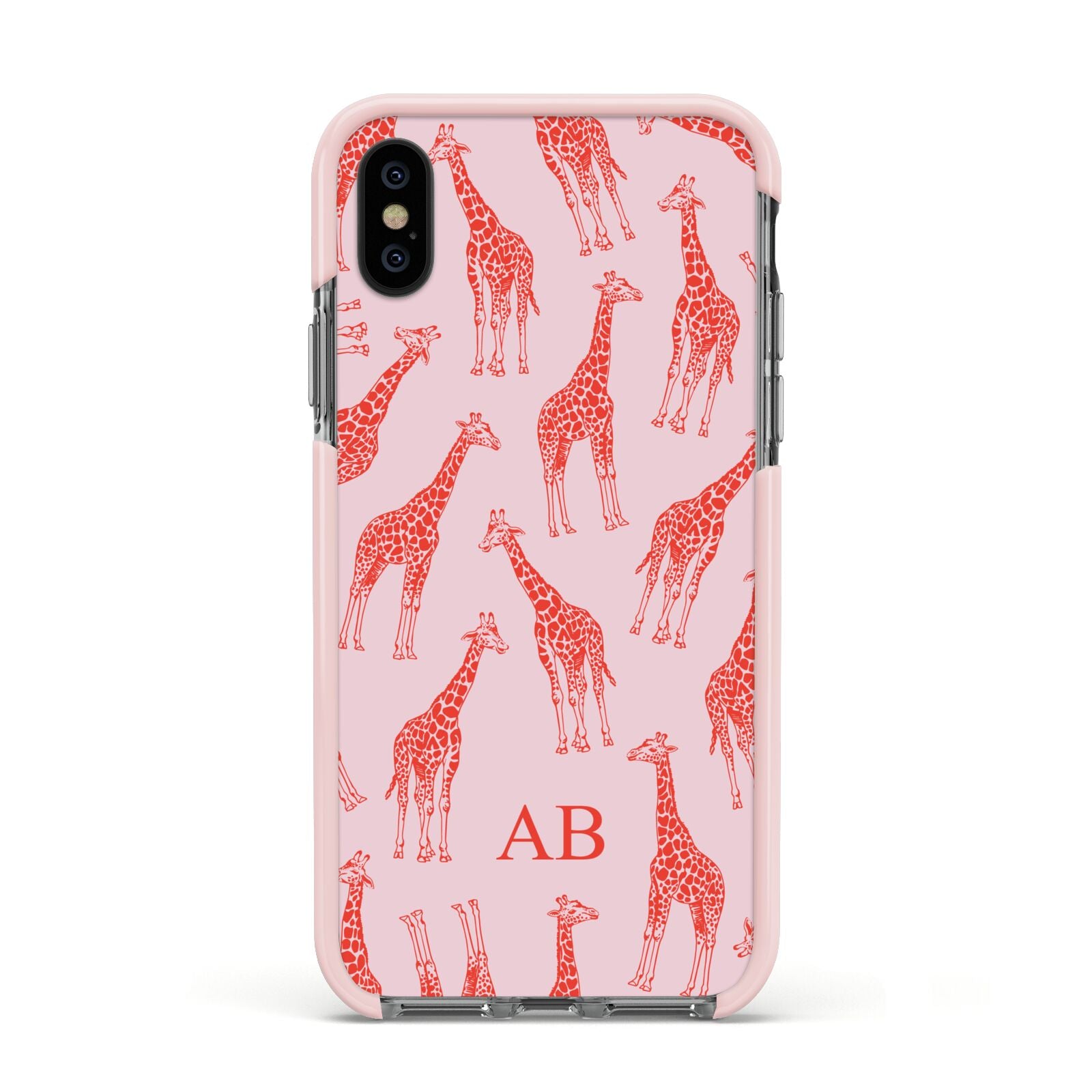 Custom Giraffe Apple iPhone Xs Impact Case Pink Edge on Black Phone