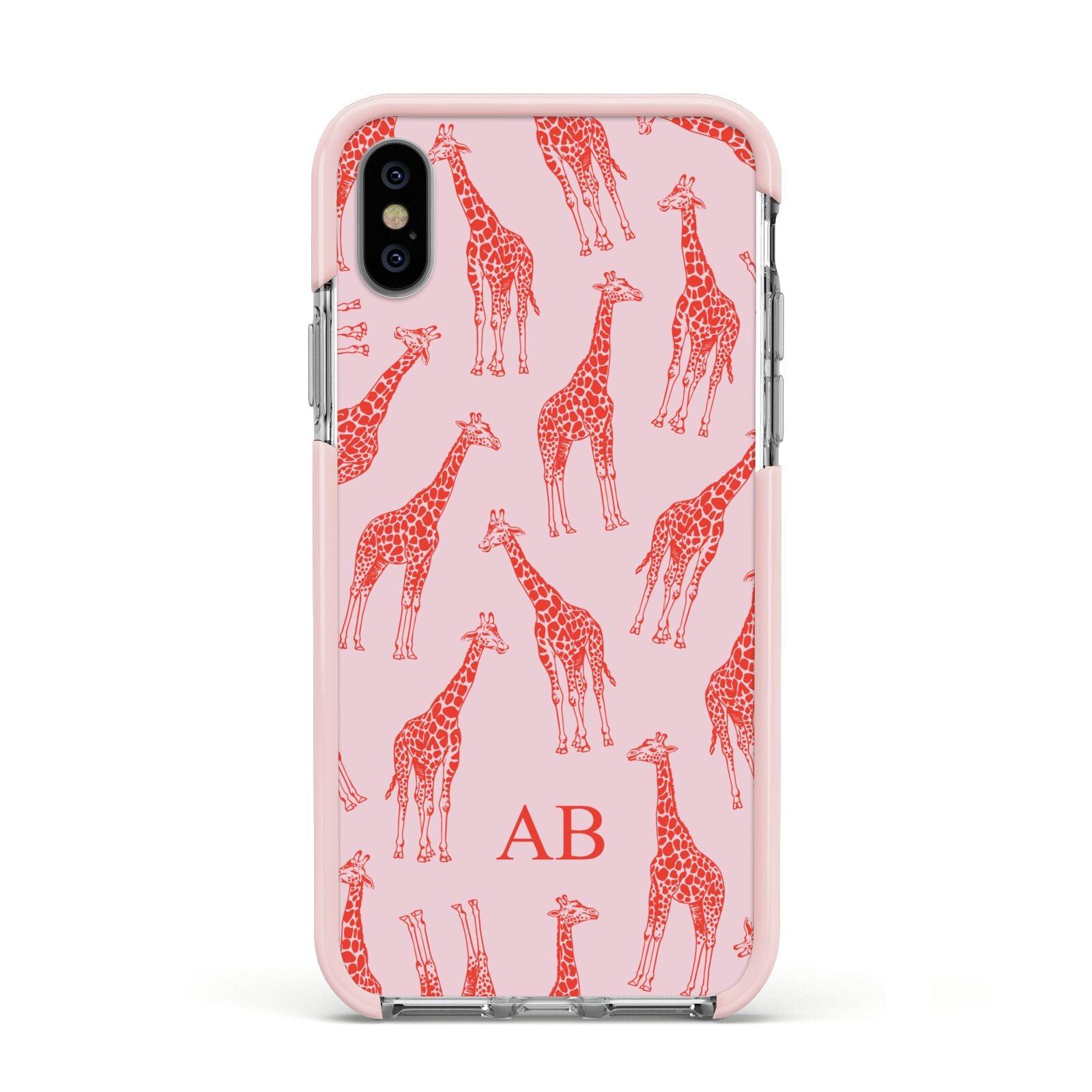 Custom Giraffe Apple iPhone Xs Impact Case Pink Edge on Silver Phone