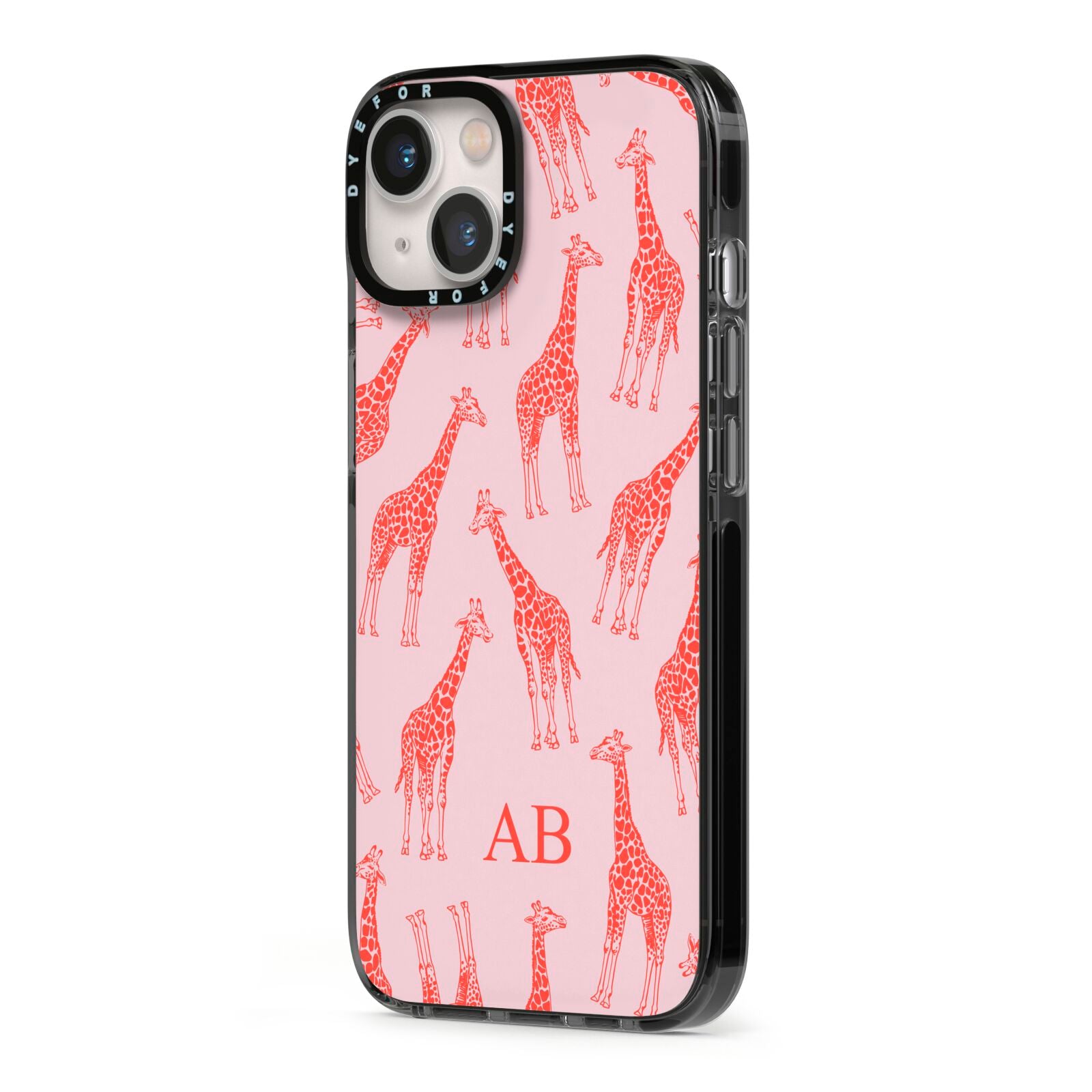 Custom Giraffe iPhone 13 Black Impact Case Side Angle on Silver phone