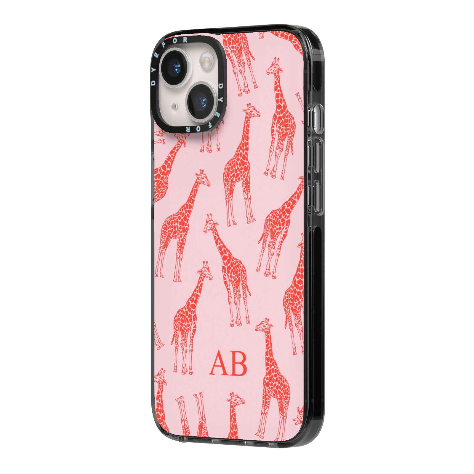 Custom Giraffe iPhone 14 Black Impact Case Side Angle on Silver phone
