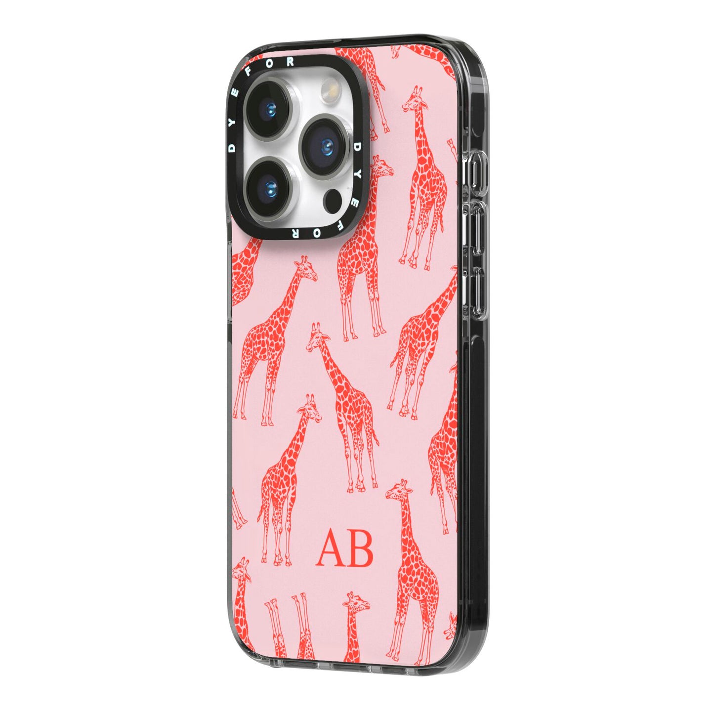 Custom Giraffe iPhone 14 Pro Black Impact Case Side Angle on Silver phone