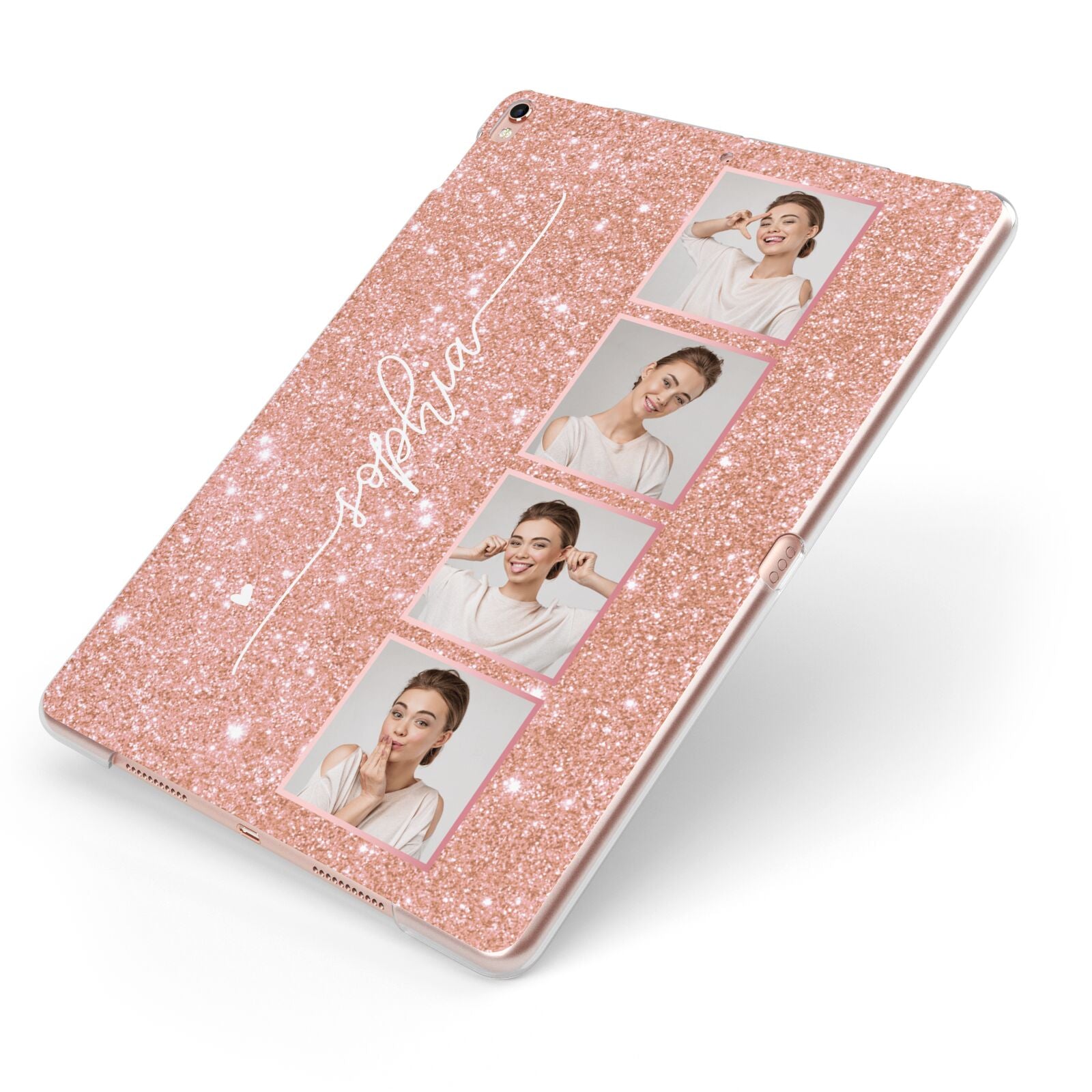 Custom Glitter Photo Strip Apple iPad Case on Rose Gold iPad Side View