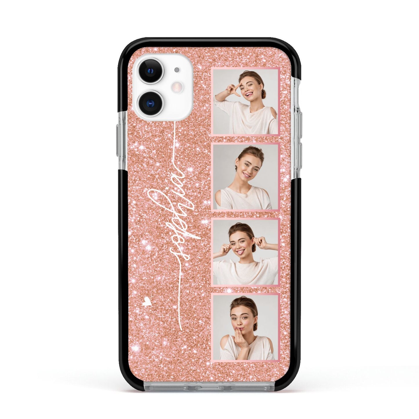 Custom Glitter Photo Strip Apple iPhone 11 in White with Black Impact Case