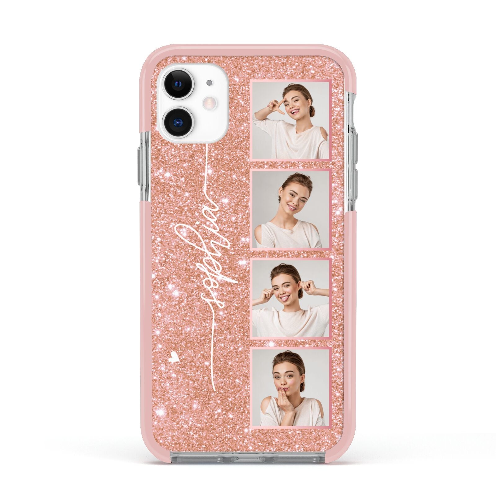 Custom Glitter Photo Strip Apple iPhone 11 in White with Pink Impact Case