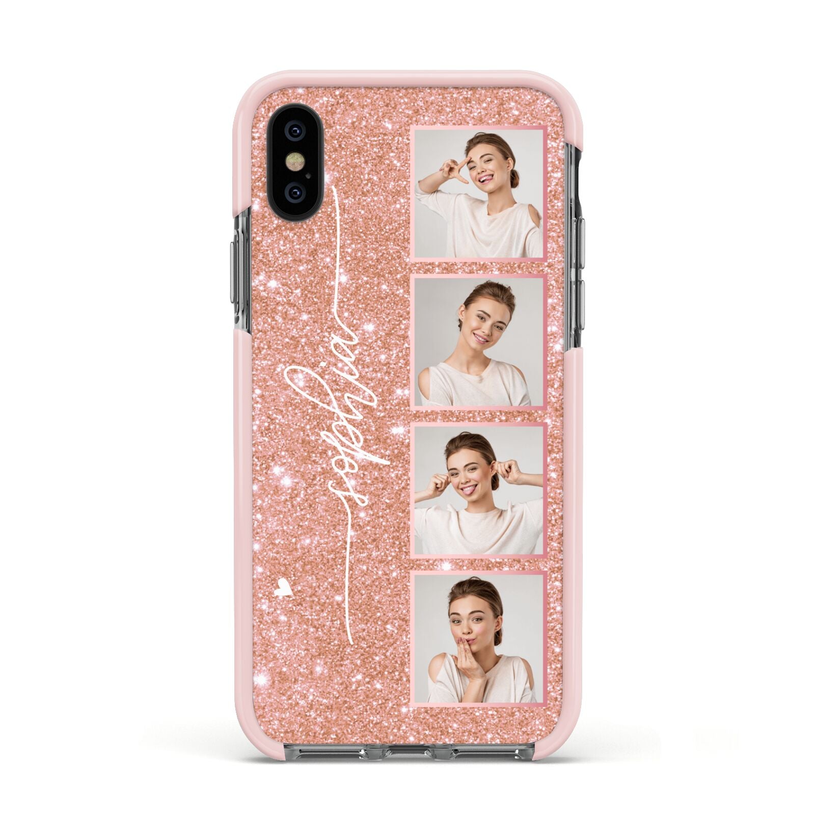 Custom Glitter Photo Strip Apple iPhone Xs Impact Case Pink Edge on Black Phone