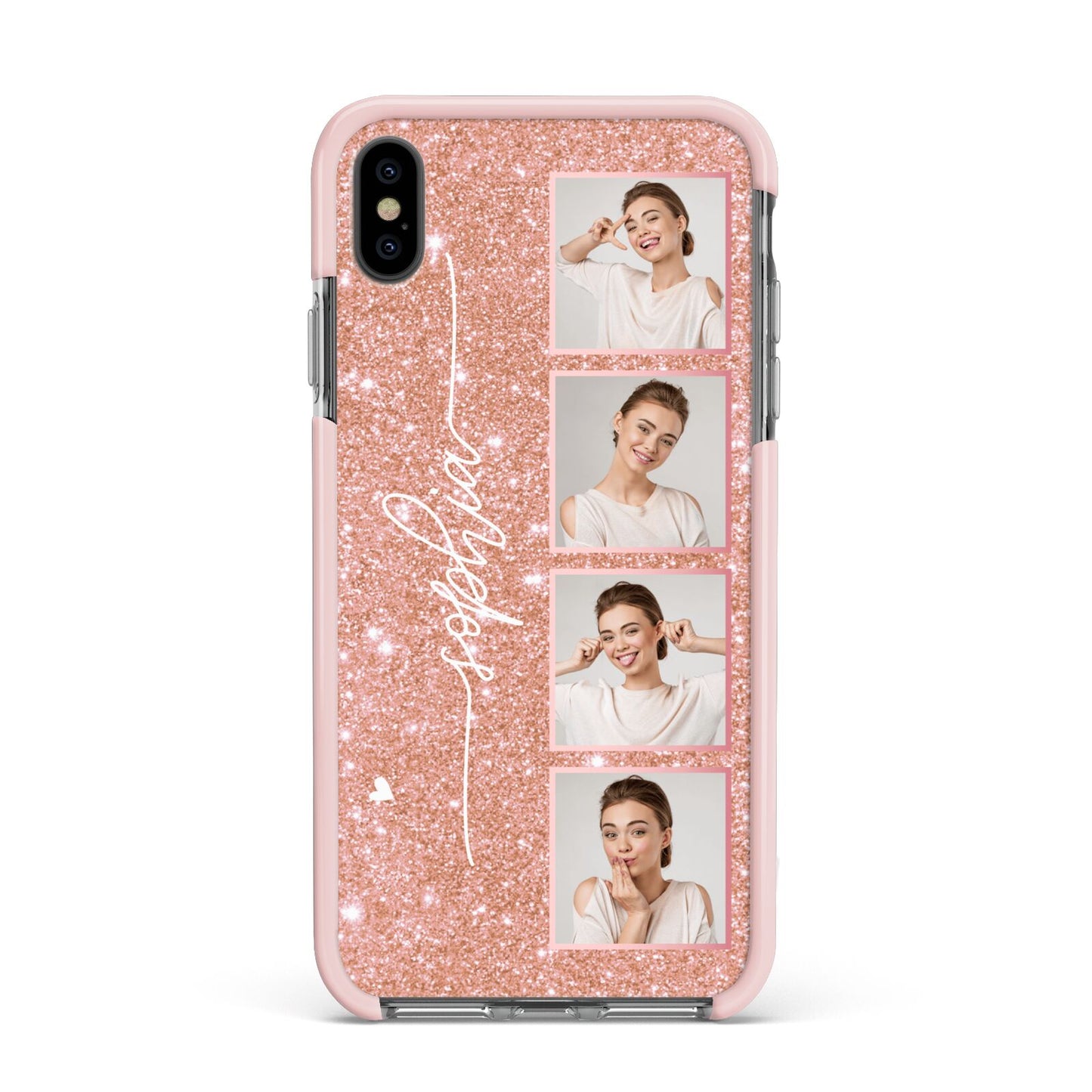 Custom Glitter Photo Strip Apple iPhone Xs Max Impact Case Pink Edge on Black Phone