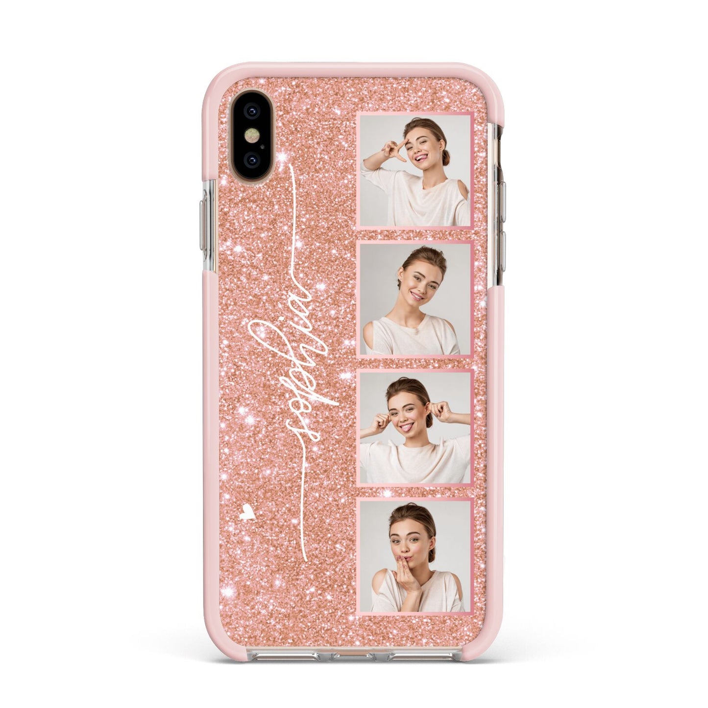 Custom Glitter Photo Strip Apple iPhone Xs Max Impact Case Pink Edge on Gold Phone
