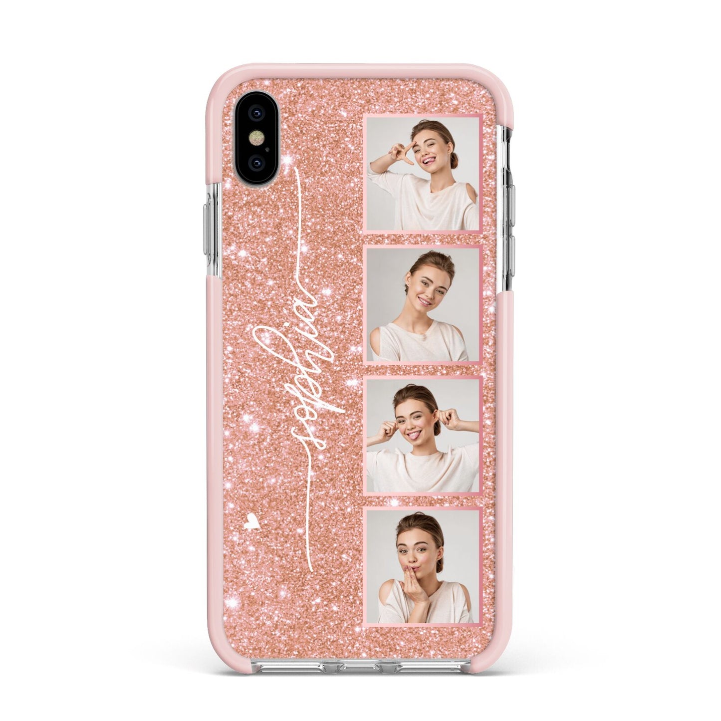 Custom Glitter Photo Strip Apple iPhone Xs Max Impact Case Pink Edge on Silver Phone