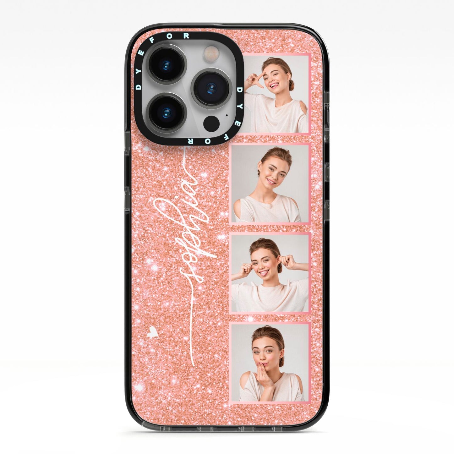 Custom Glitter Photo Strip iPhone 13 Pro Black Impact Case on Silver phone