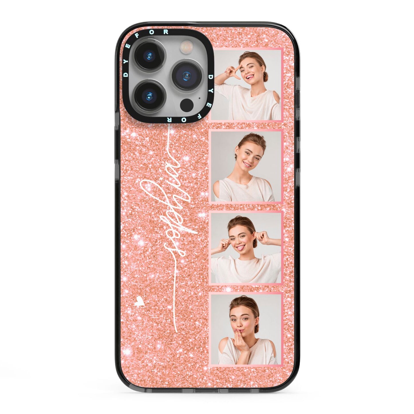 Custom Glitter Photo Strip iPhone 13 Pro Max Black Impact Case on Silver phone
