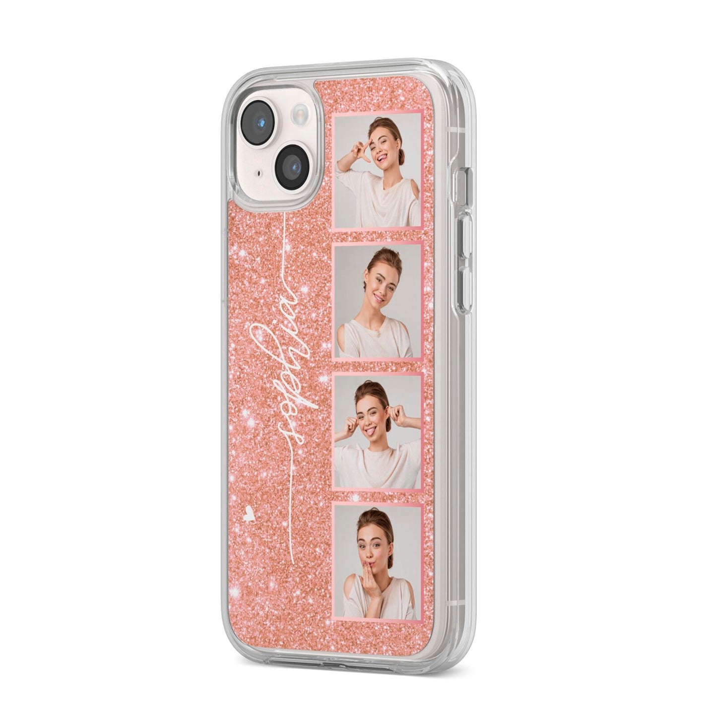 Custom Glitter Photo Strip iPhone 14 Plus Clear Tough Case Starlight Angled Image