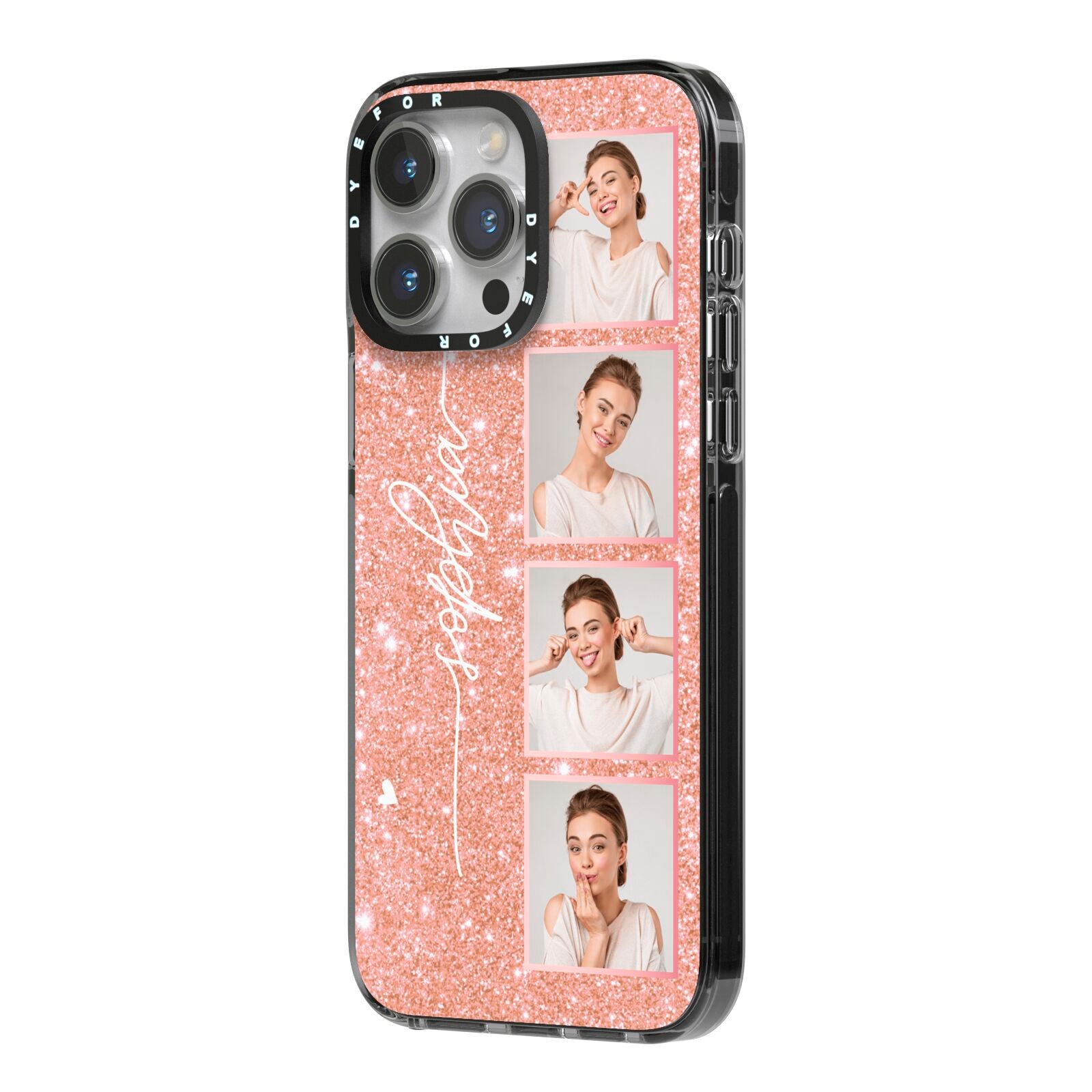 Custom Glitter Photo Strip iPhone 14 Pro Max Black Impact Case Side Angle on Silver phone