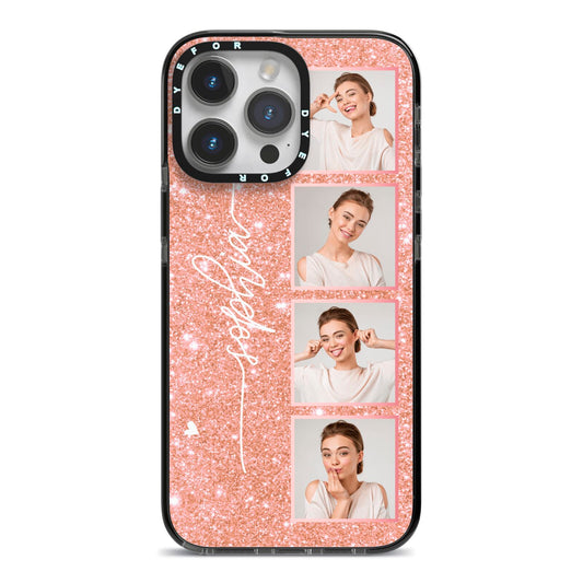 Custom Glitter Photo Strip iPhone 14 Pro Max Black Impact Case on Silver phone
