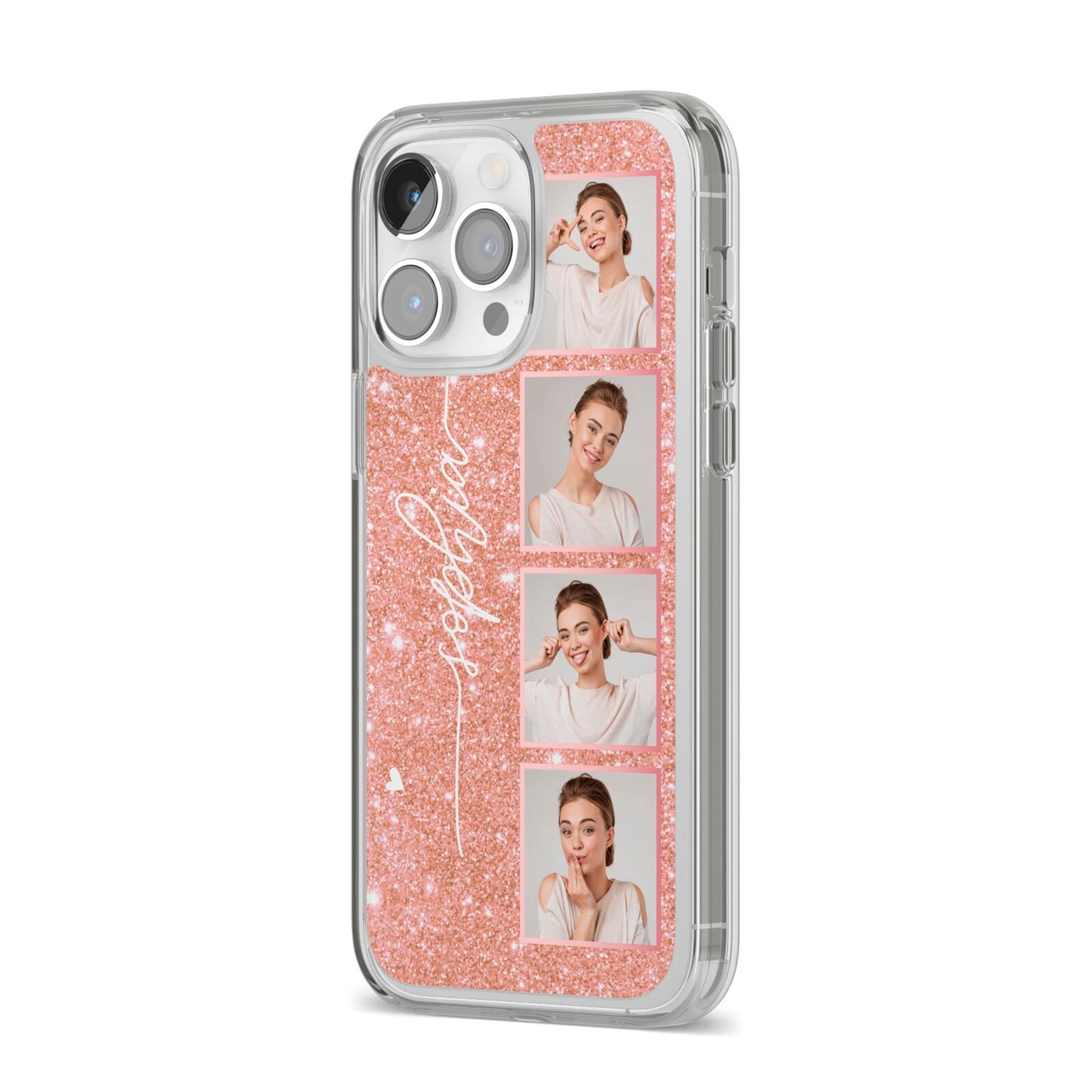 Custom Glitter Photo Strip iPhone 14 Pro Max Clear Tough Case Silver Angled Image