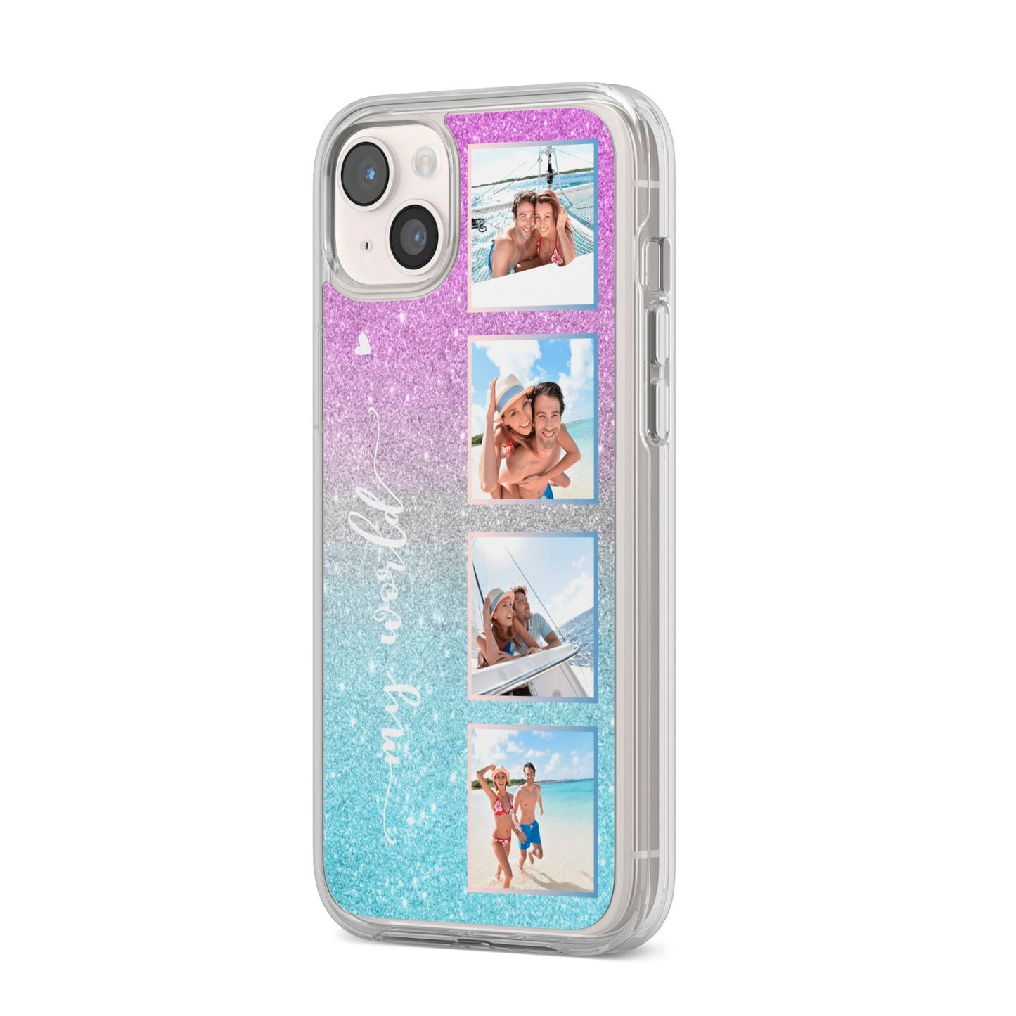 Custom Glitter Photo iPhone 14 Plus Clear Tough Case Starlight Angled Image