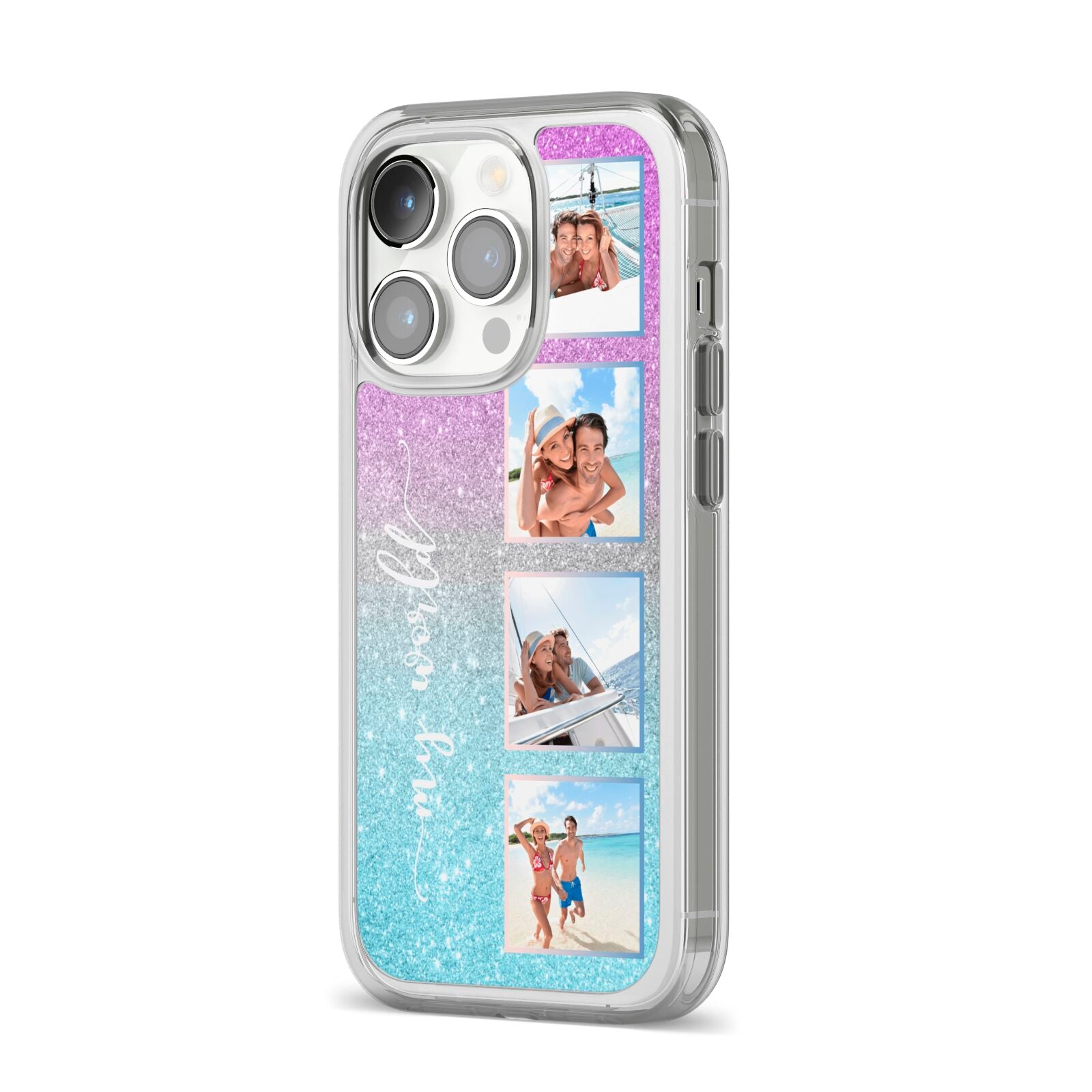Custom Glitter Photo iPhone 14 Pro Clear Tough Case Silver Angled Image