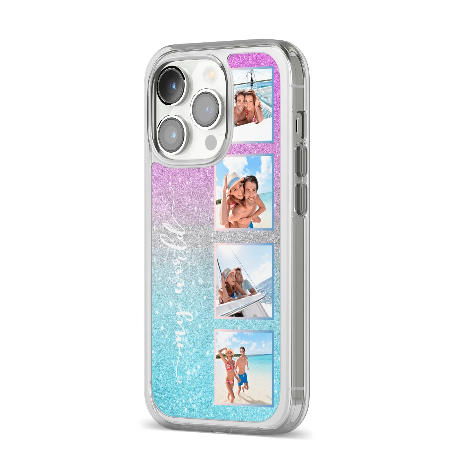Custom Glitter Photo iPhone 14 Pro Clear Tough Case Silver Angled Image