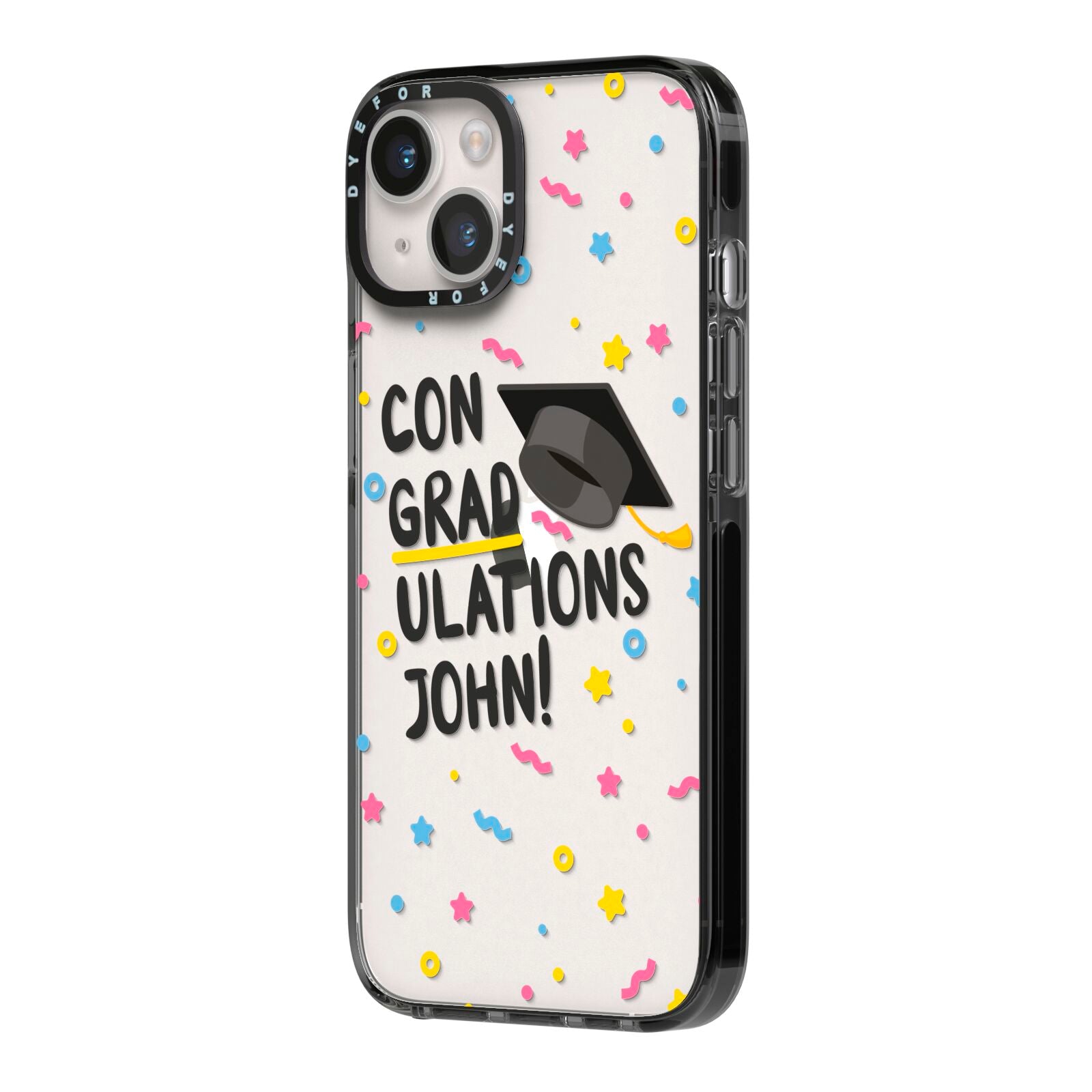 Custom Graduation iPhone 14 Black Impact Case Side Angle on Silver phone